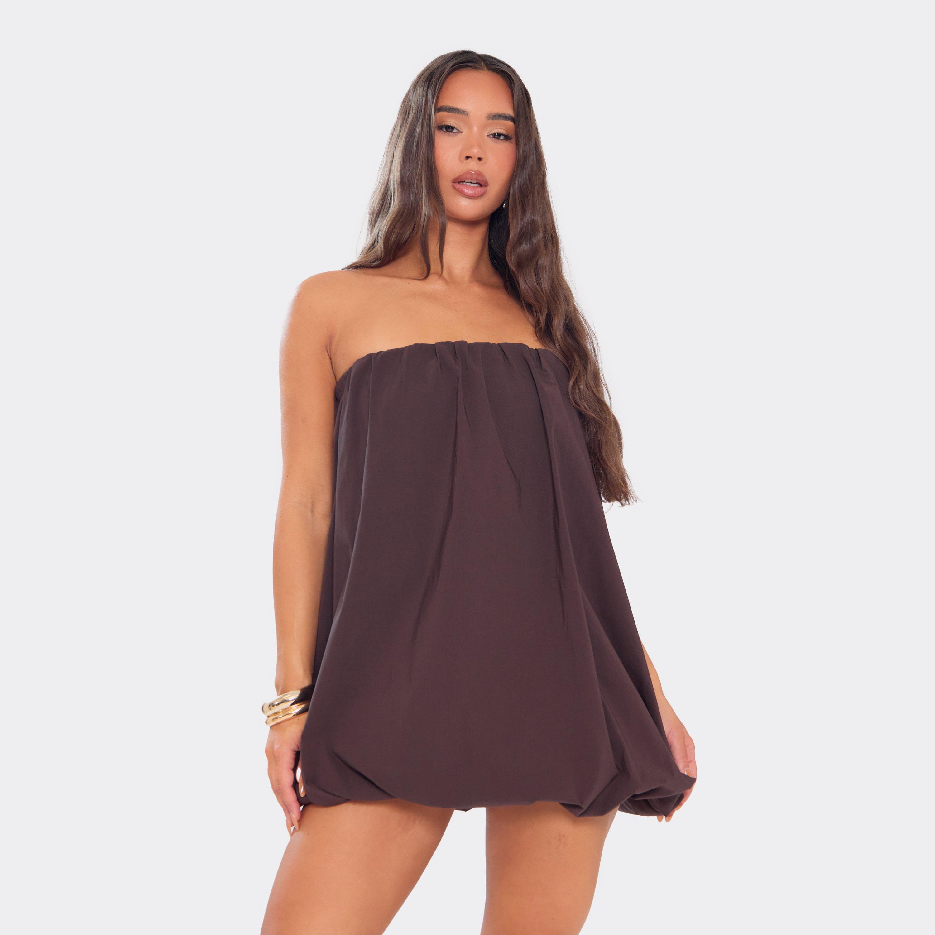 Bandeau Puffball Detail Mini Dress In Chocolate Brown, Women’s