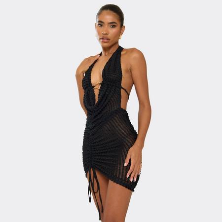 Cowl Neck Ring Trim Detail Ruched Mini Dress In Black Textured, Women's Size US
