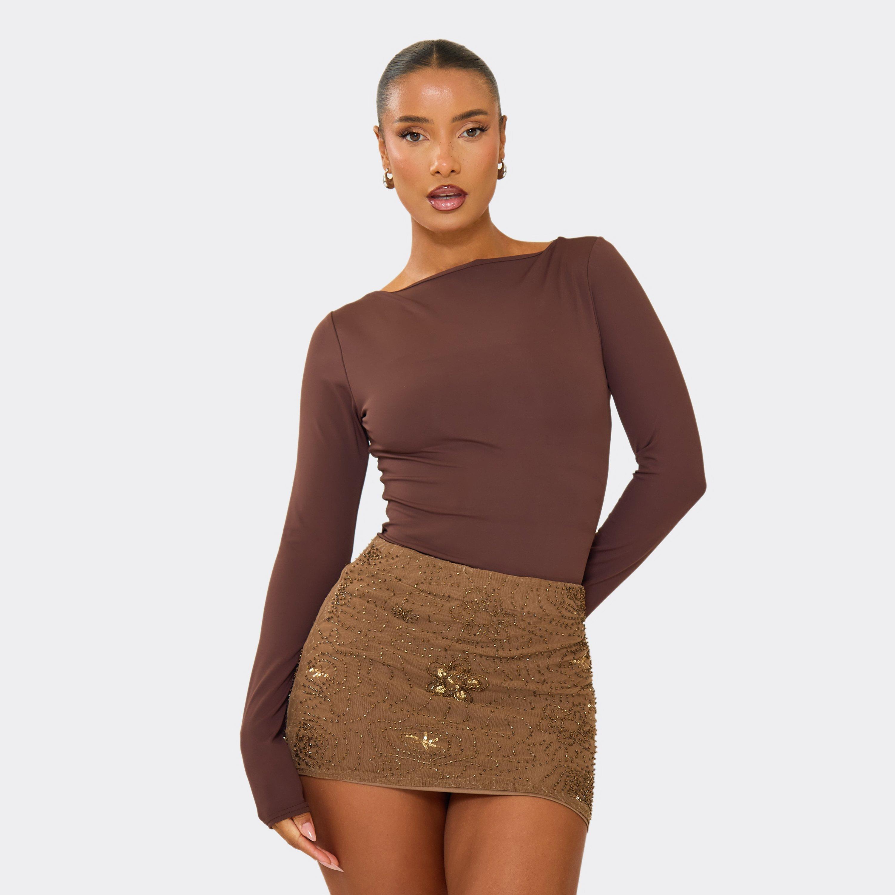 Mid Rise Floral Embellished Detail Mini Skirt In Chocolate Brown Sequin, Women's Size UK 8