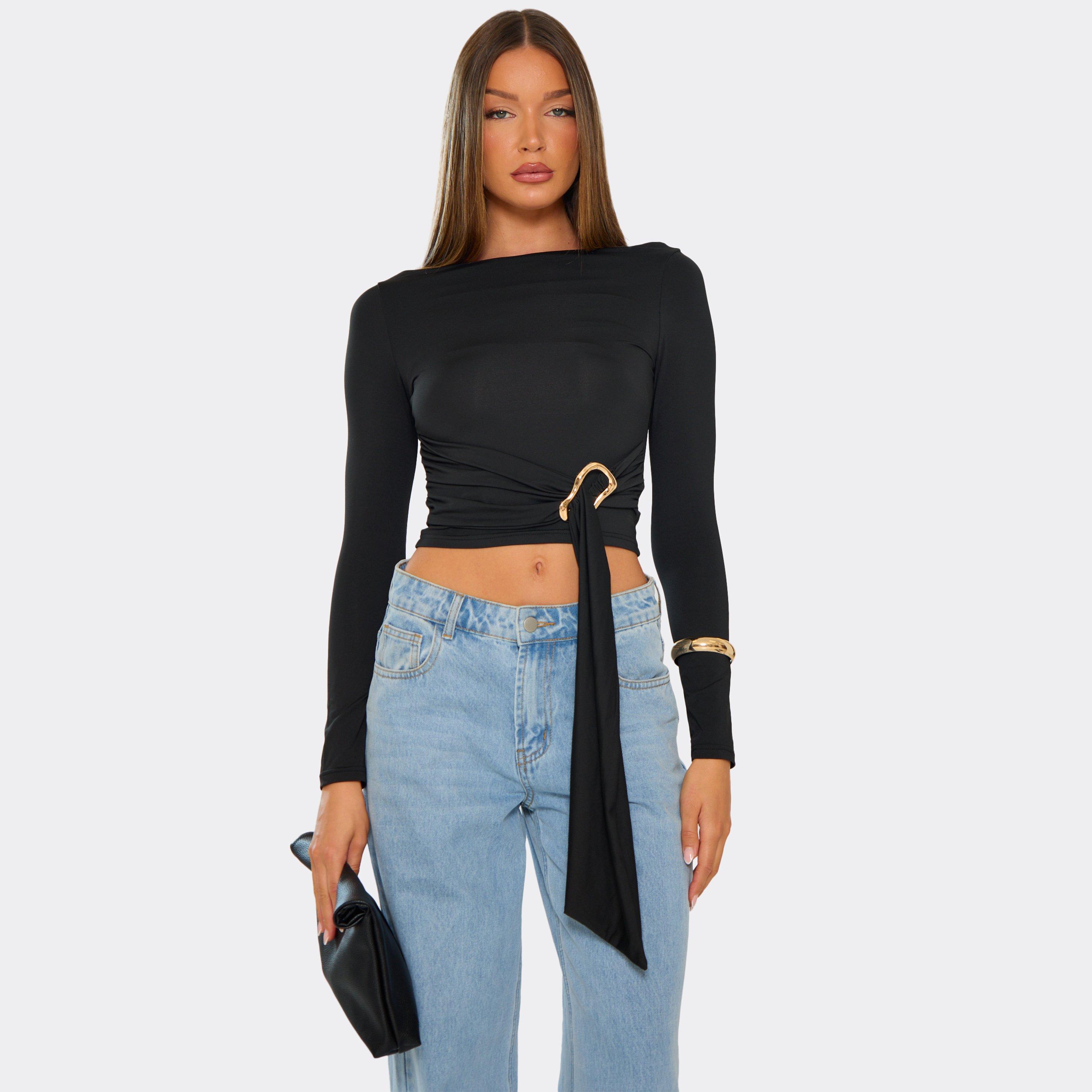 Long Sleeve Trim Tie Waist Detail Top In Black Slinky, Women's Size UK S