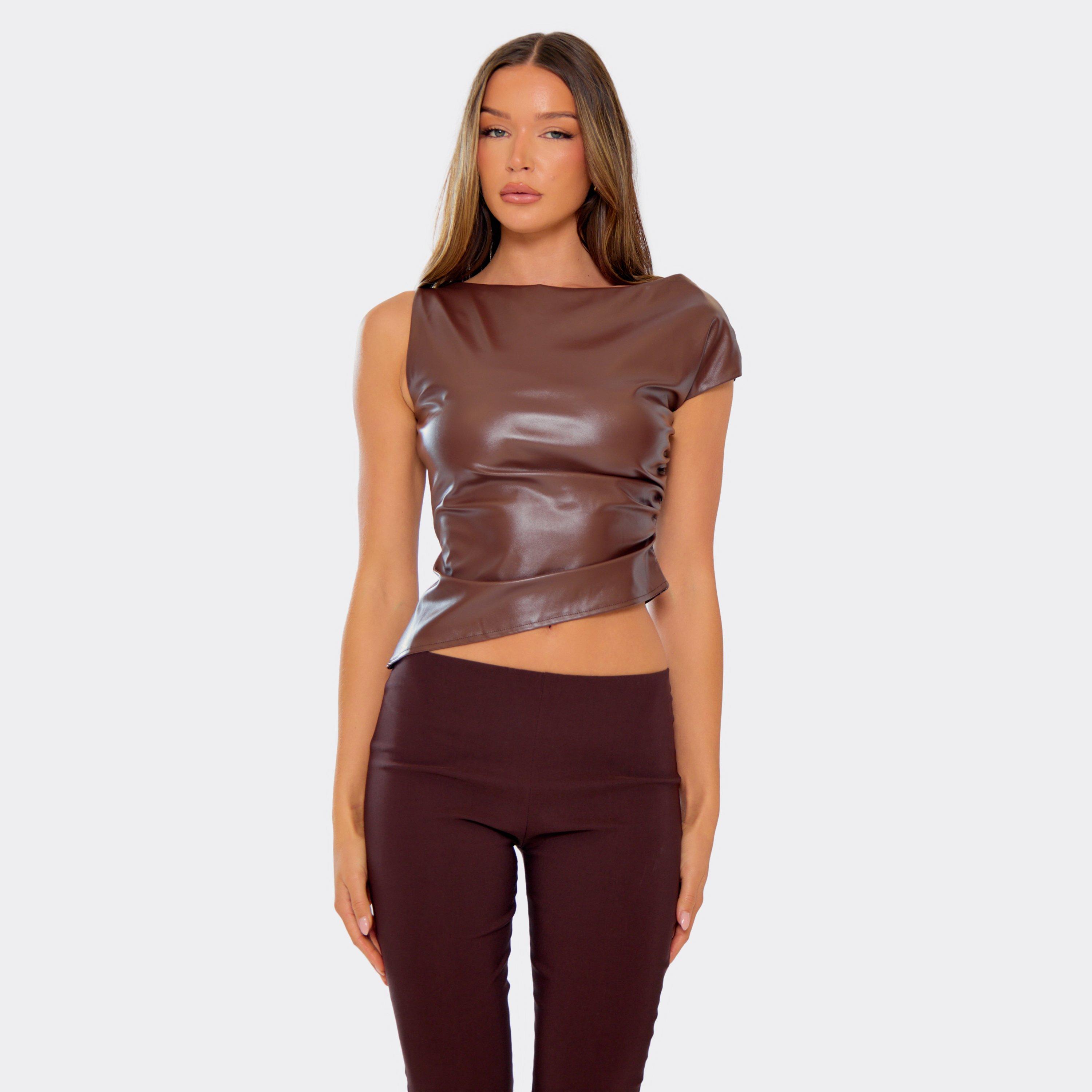 One Sleeve Asymmetric Top In Chocolate Brown Faux Leather, Women's Size UK S