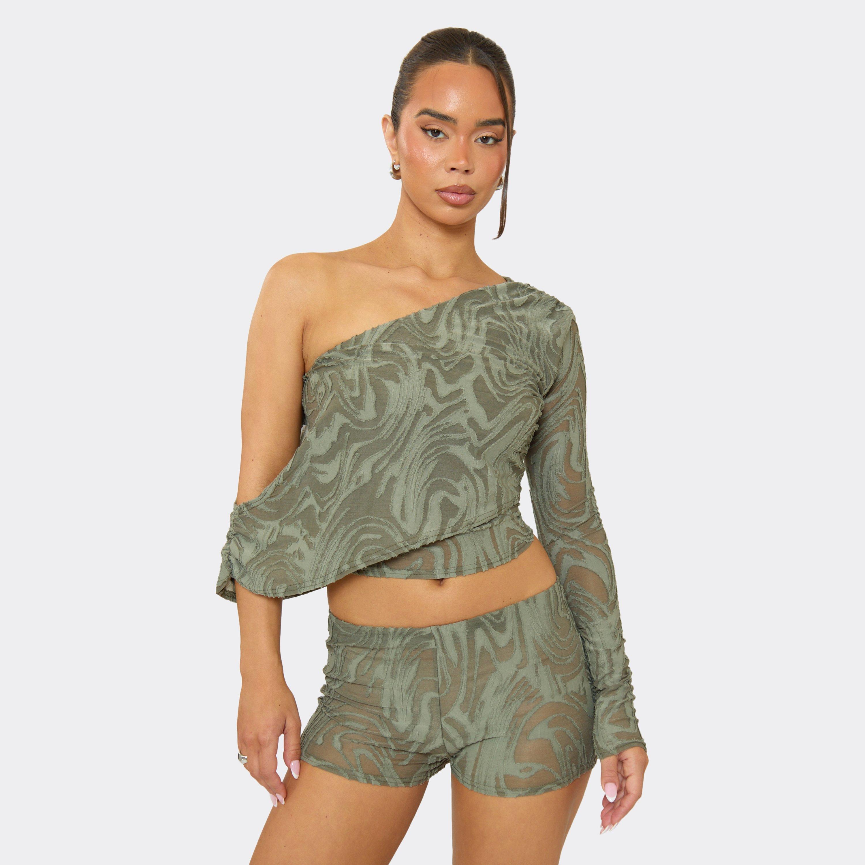 Image of Long Sleeve Asymmetric Detail Top In Khaki Textured, Women's