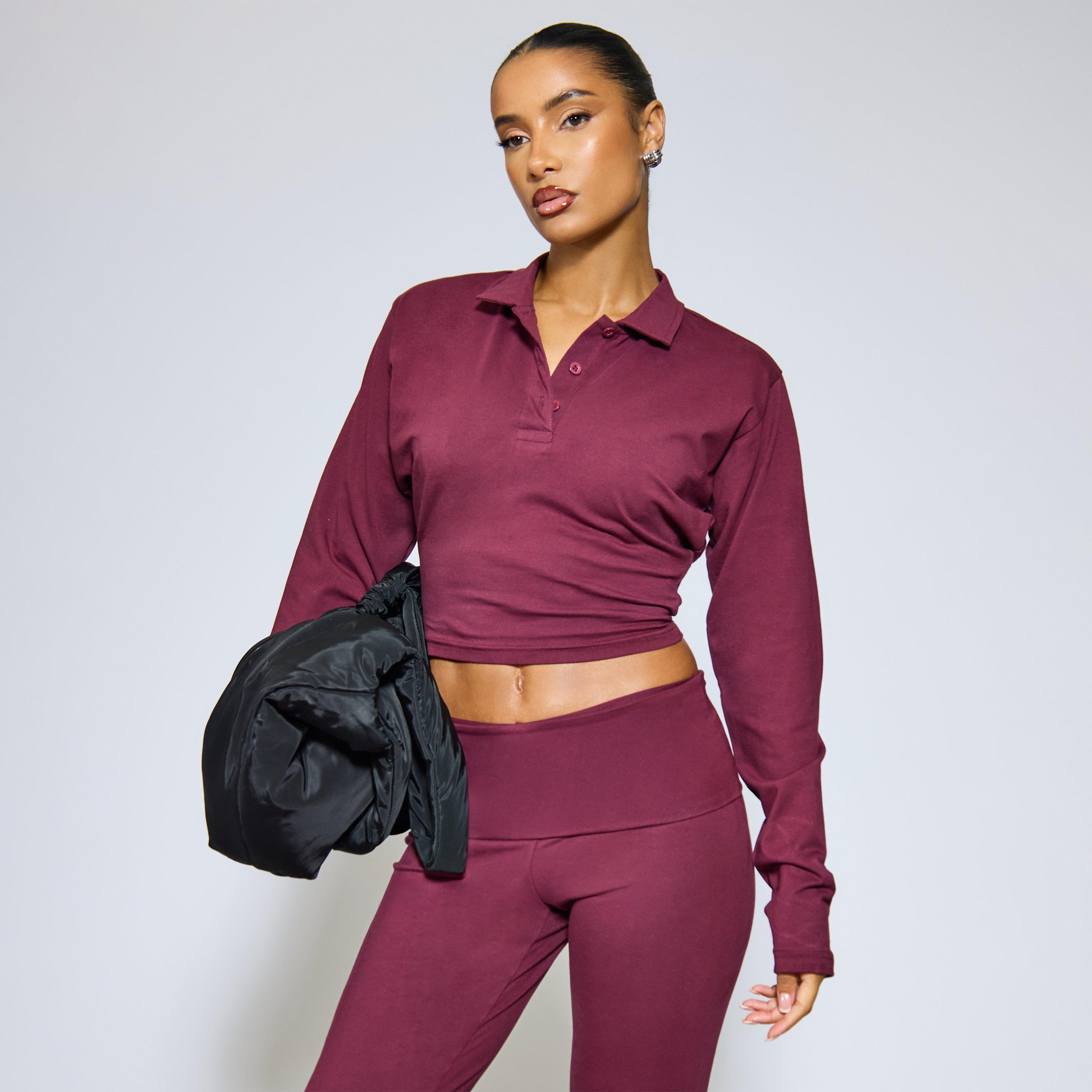Image of Long Sleeve Button Detail Cinched Waist Collared Top In Plum, Women's