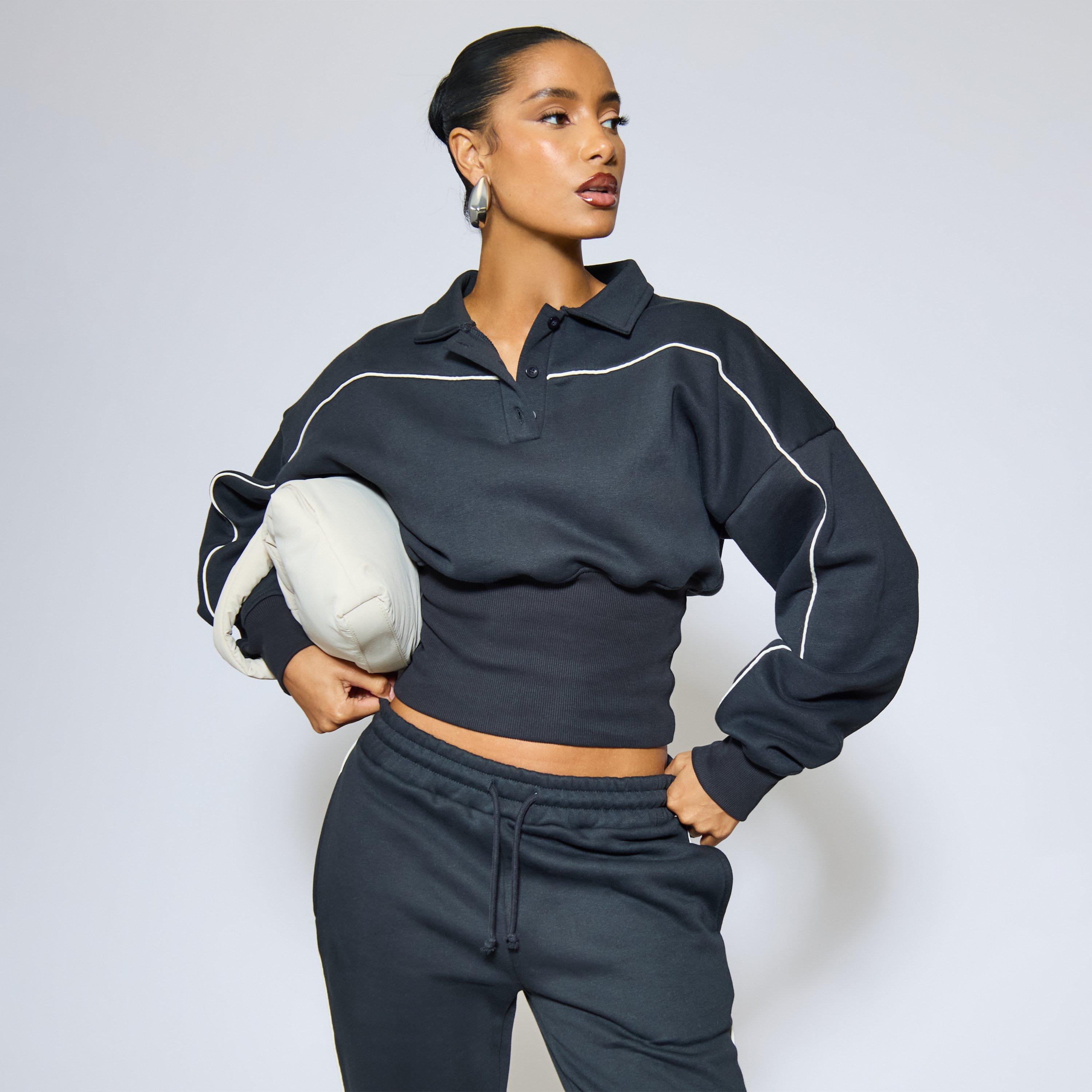 Image of Contrast Piping Detail Button Front Cinched Waist Collared Sweatshirt In Navy, Women's