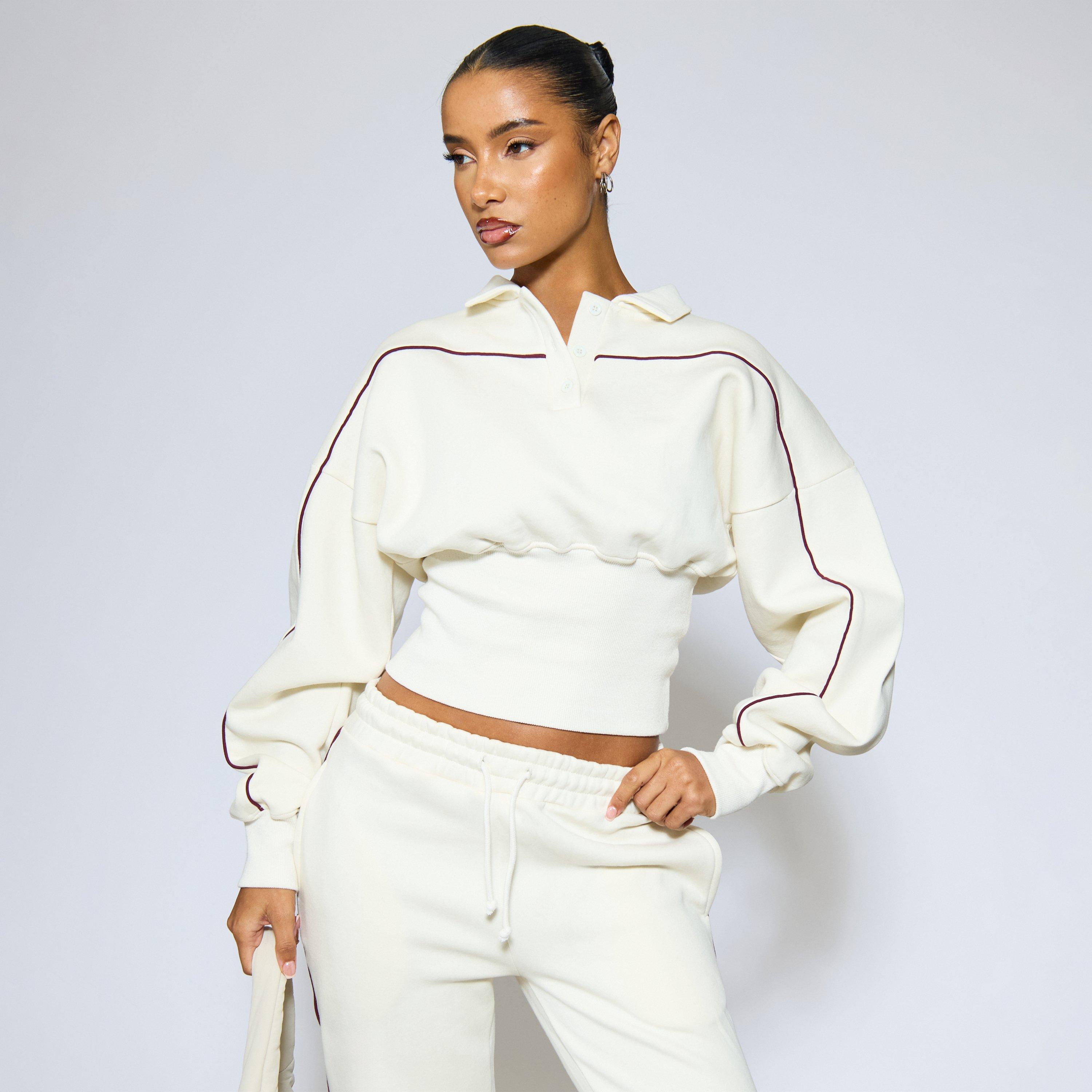 Image of Contrast Piping Detail Button Front Cinched Waist Collared Sweatshirt In Cream, Women's