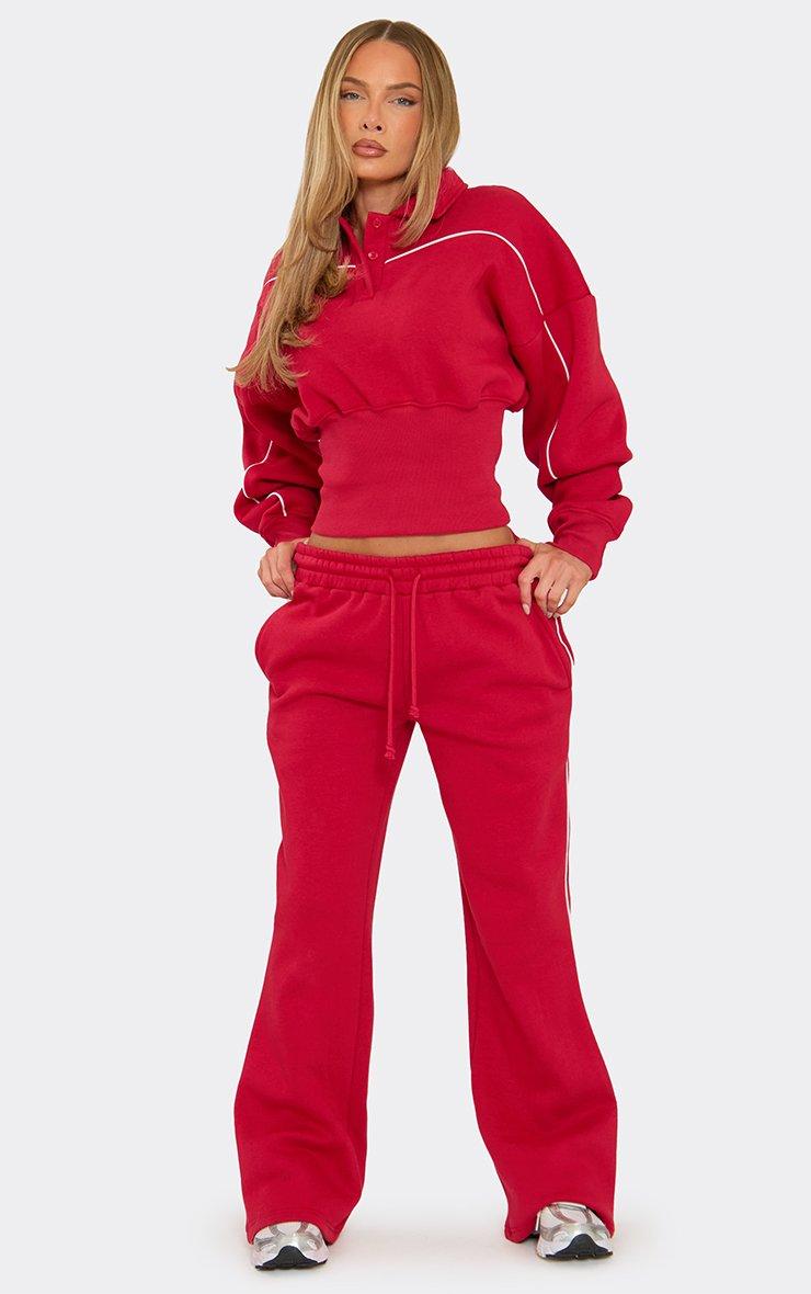 Contrast Piping Detail Button Front Cinched Waist Collared Sweatshirt In Red