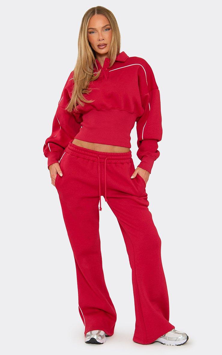 Mid Rise Contrast Piping Detail Wide Leg Joggers In Red