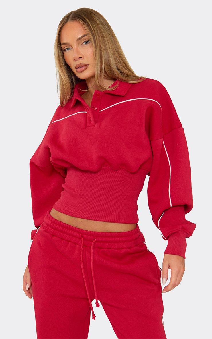 Contrast Piping Detail Button Front Cinched Waist Collared Sweatshirt In Red