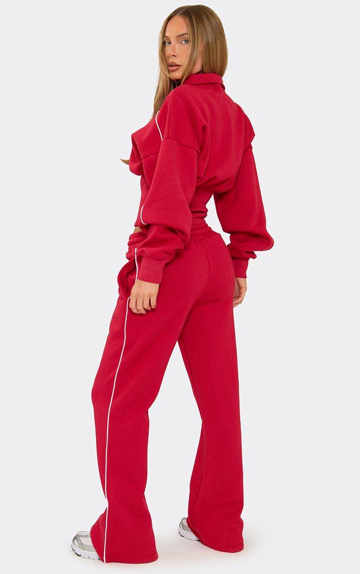Mid Rise Contrast Piping Detail Wide Leg Joggers In Red