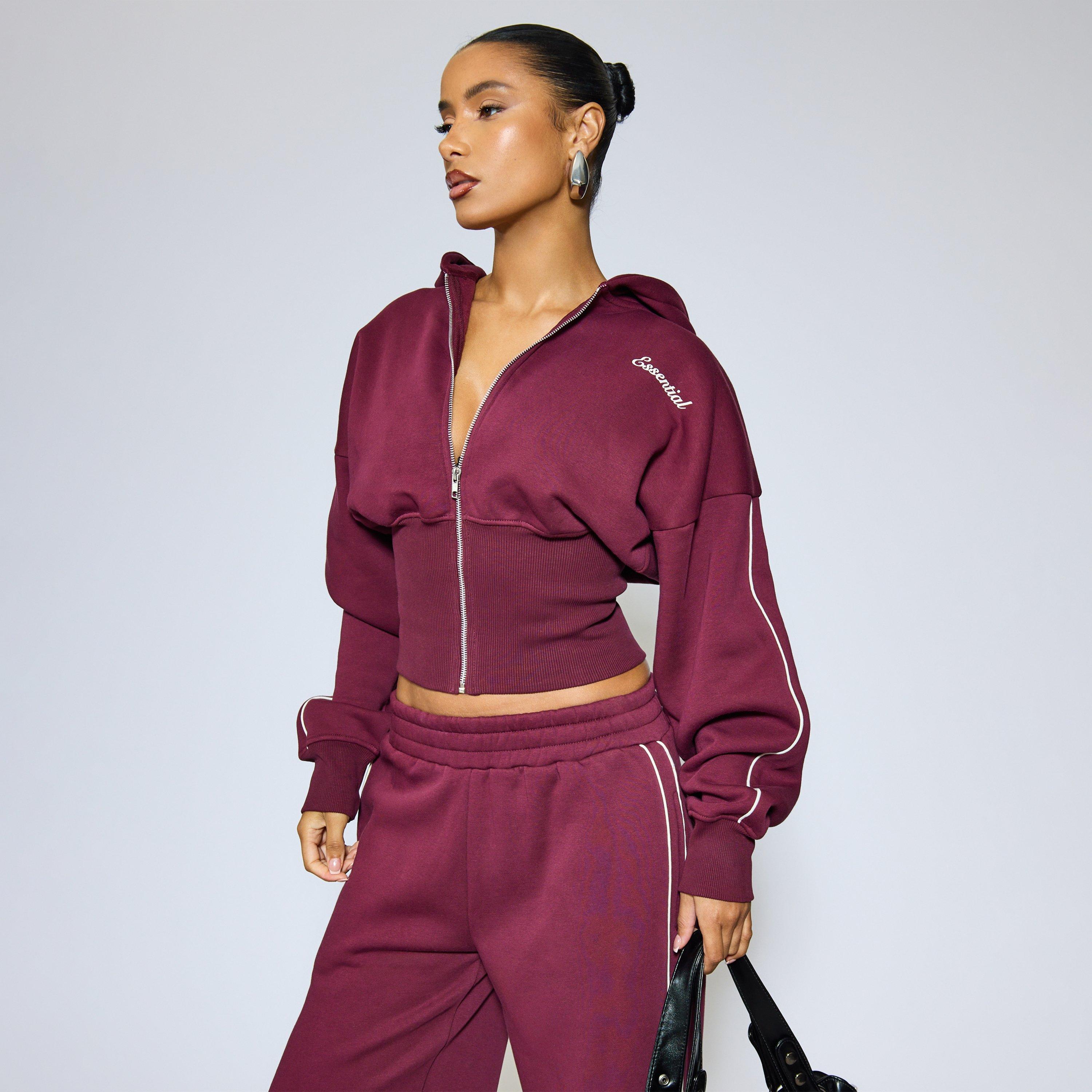 Long Sleeve Contrast Stripe Graphic Detail Cinched Waist Zip Up Hoodie In Plum, Women’s