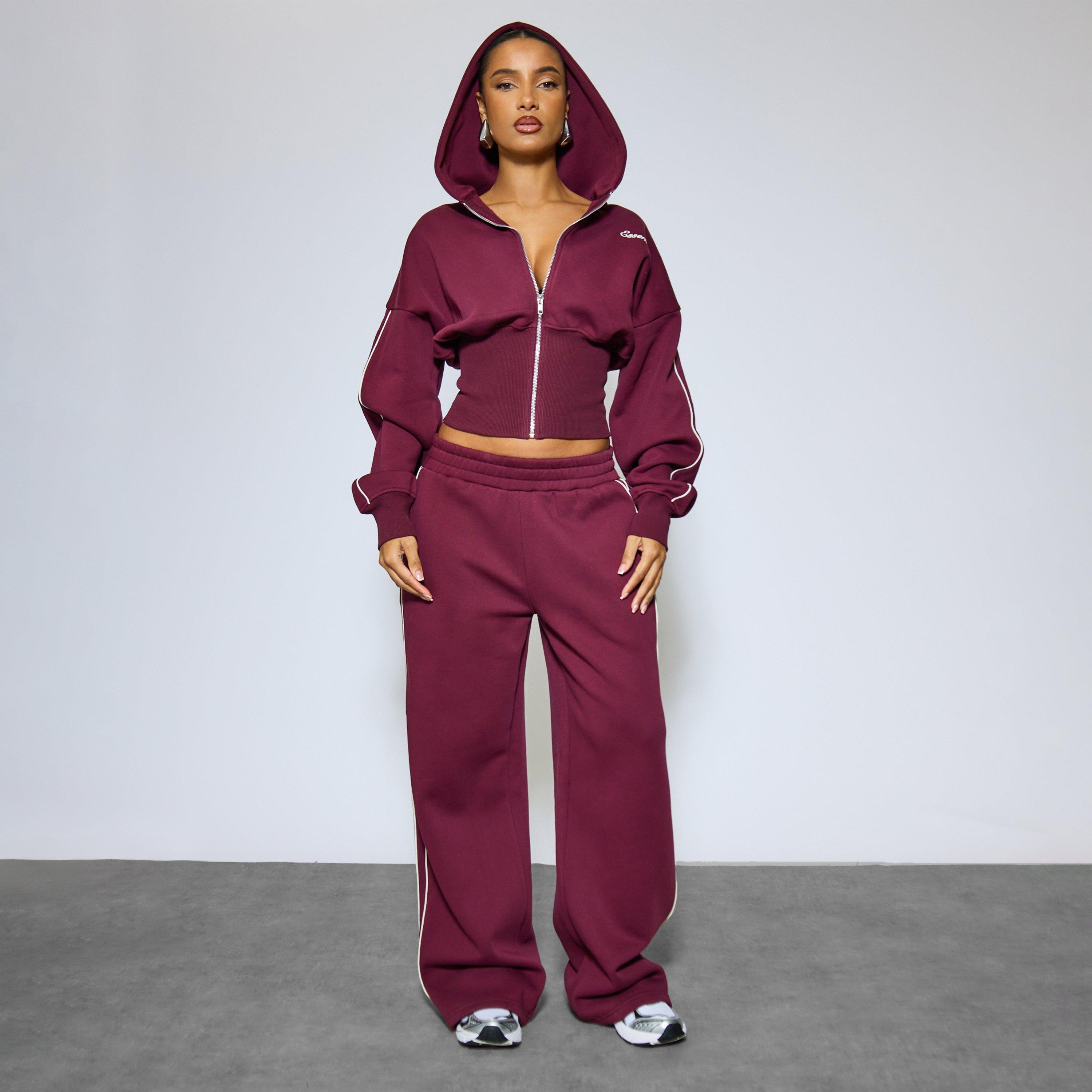 Contrast Stripe Graphic Detail Wide Leg Joggers In Plum, Women’s