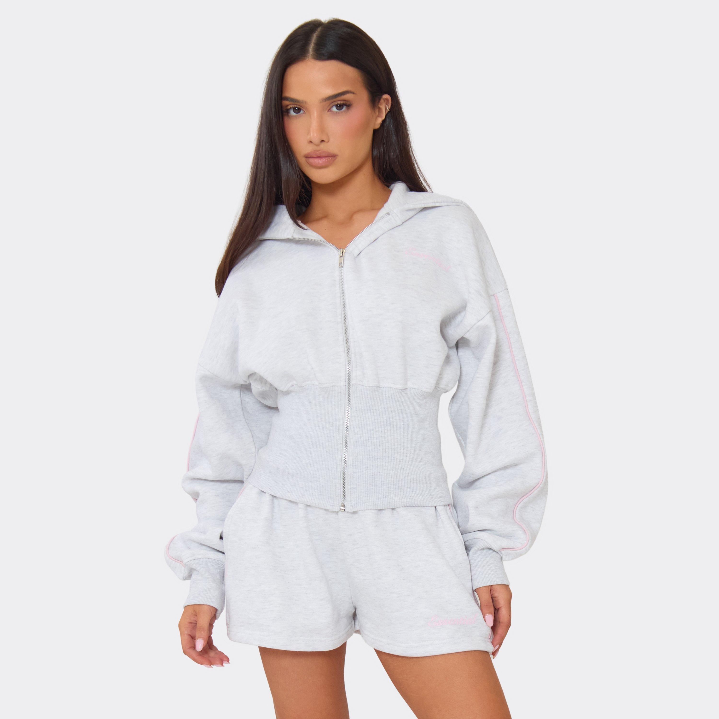 Contrast Stripe Graphic Detail Cinched Waist Zip Up Hoodie In Light Grey Marl, Women’s