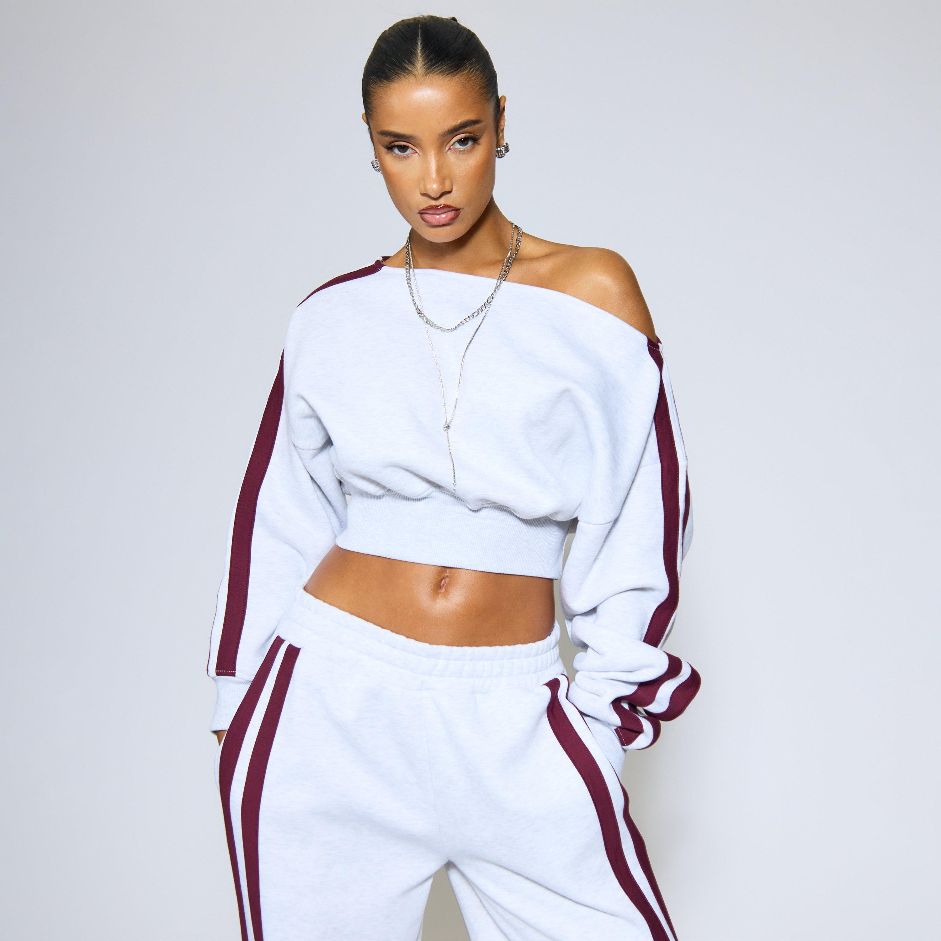 Image of Off The Shoulder Long Sleeve Side Stripe Detail Sweatshirt In Light Grey Marl, Women's