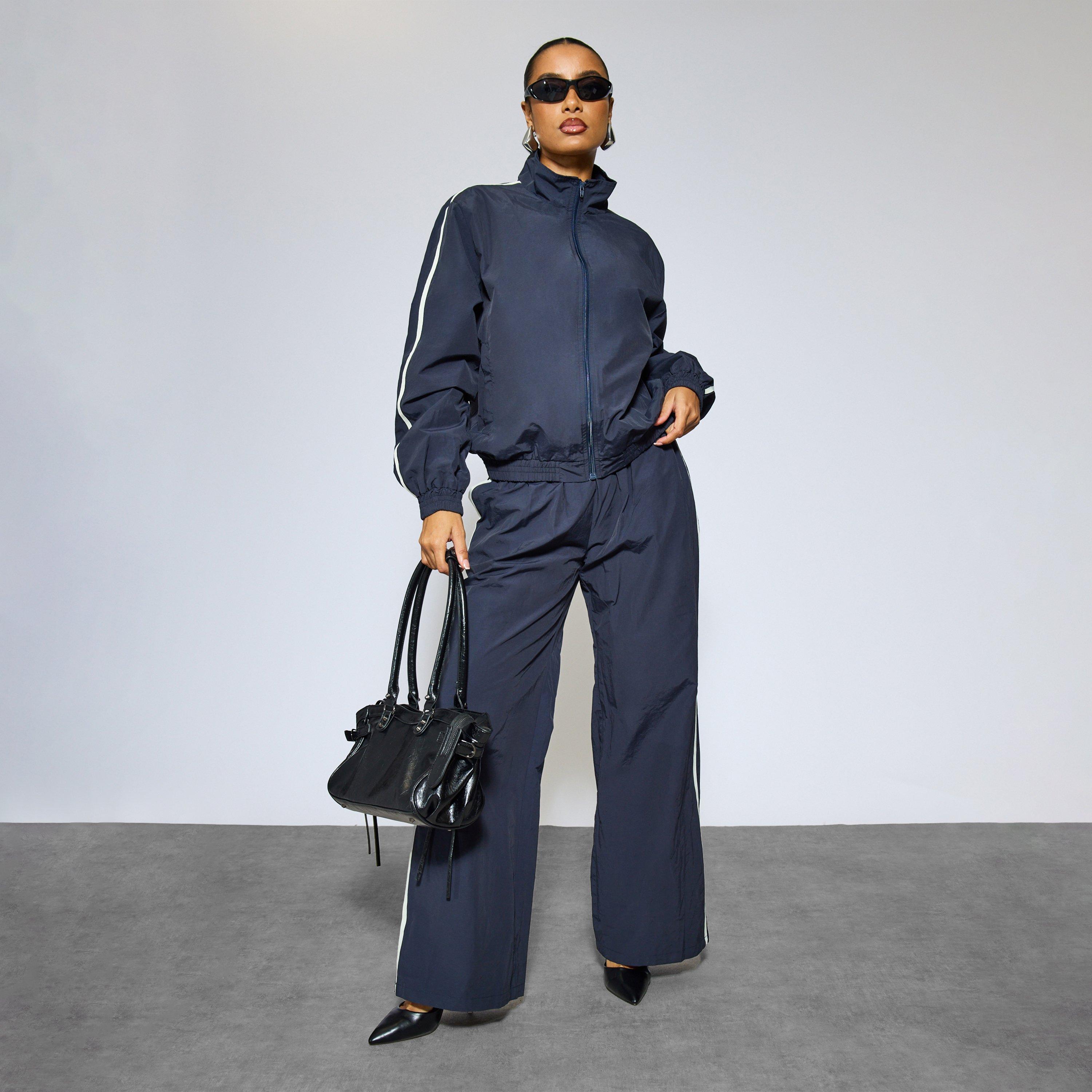 Low Rise Contrast Panel Detail Track Pants In Navy Shell, Women's Size UK 10