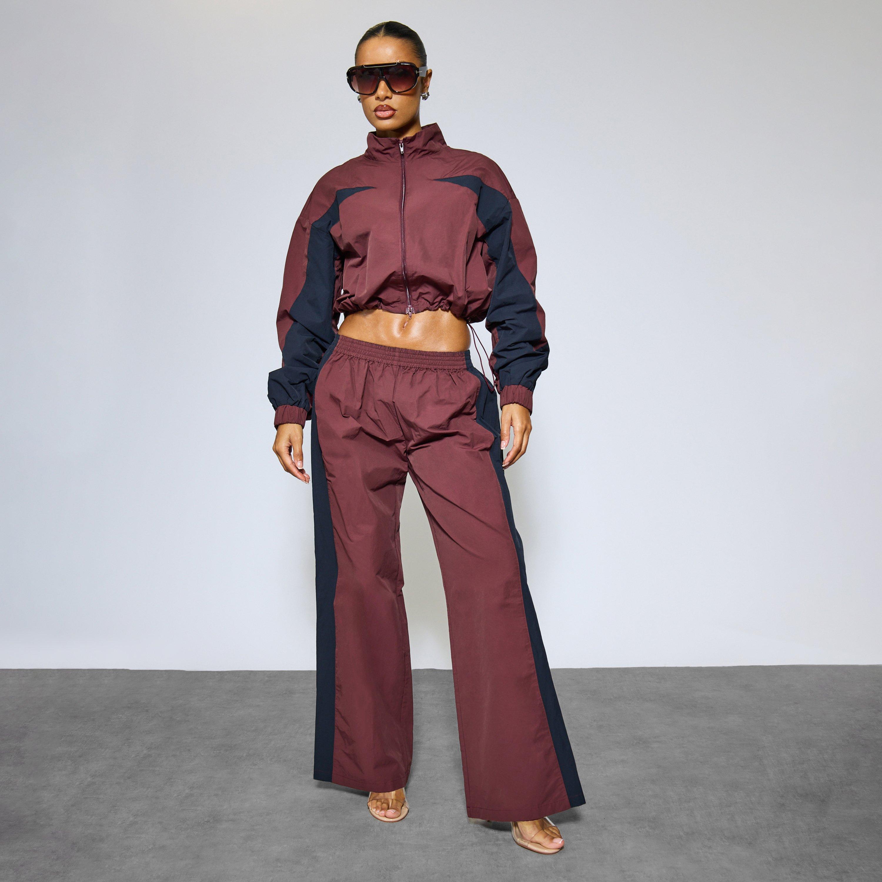 Low Rise Contrast Panel Track Pants In Plum Shell, Women's Size UK 8