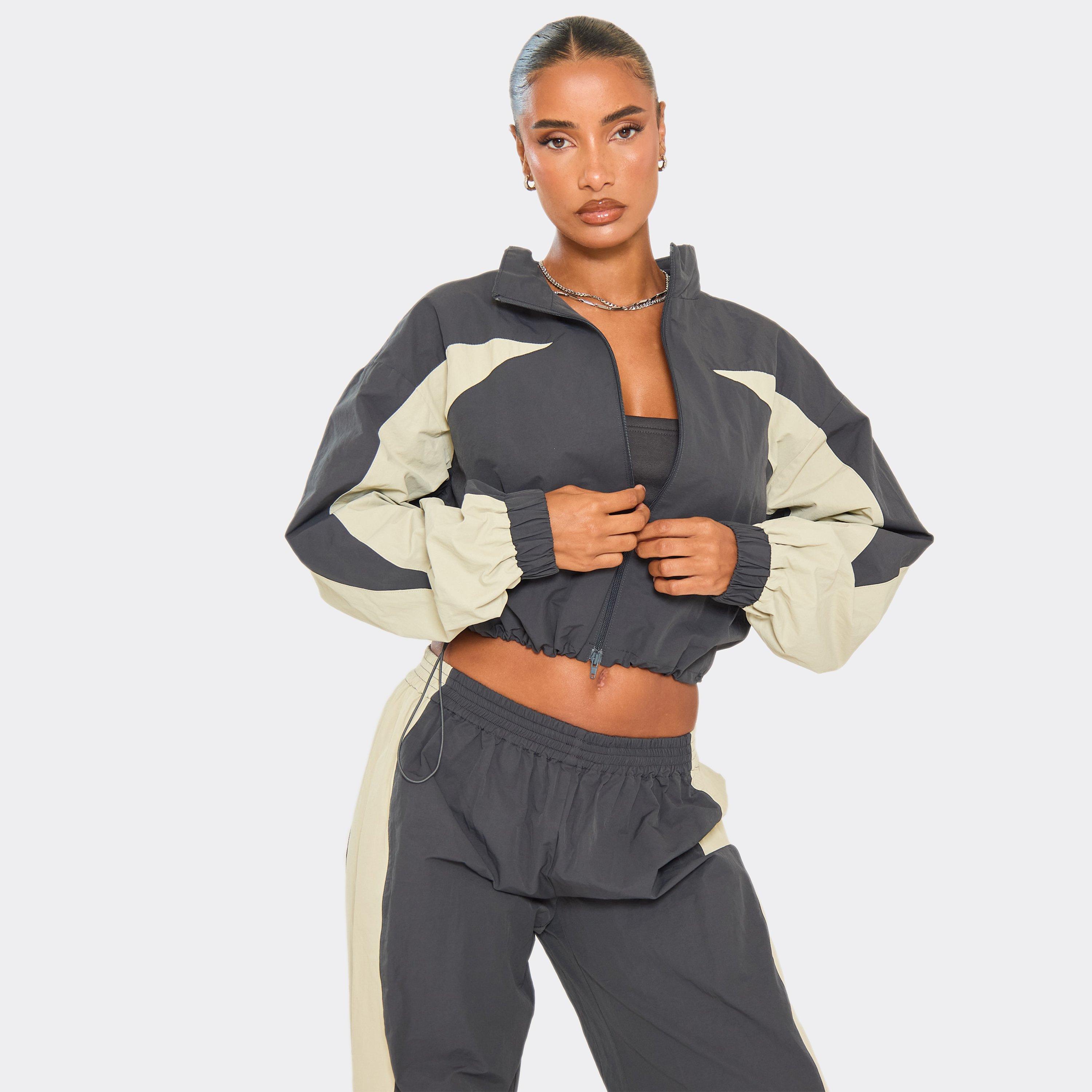 Long Sleeve Contrast Panel Toggle Hem Zip Up Jacket In Navy Shell, Women's Size UK 16