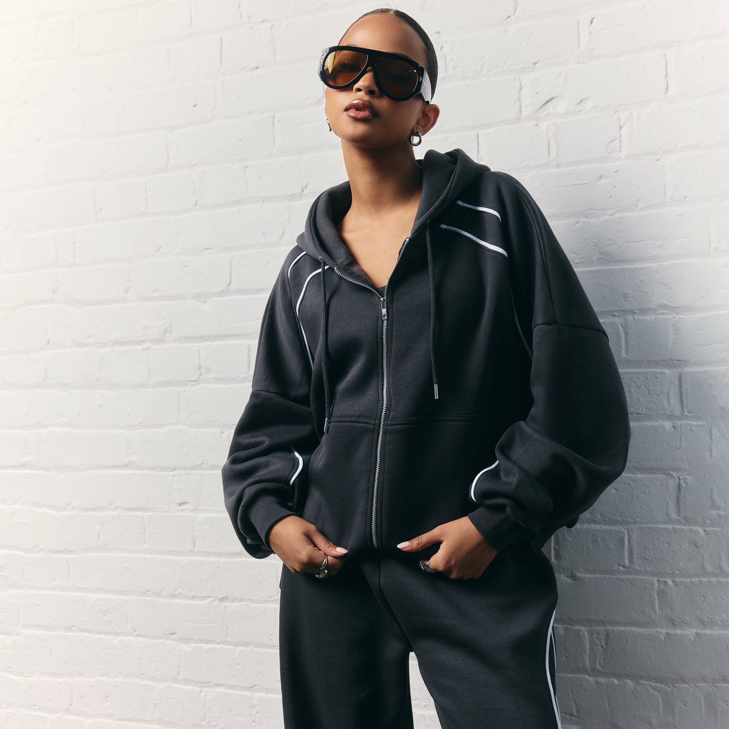 Contrast Piping Detail Oversized Zip Up Hoodie In Dark Navy Blue, Women's Size UK 6