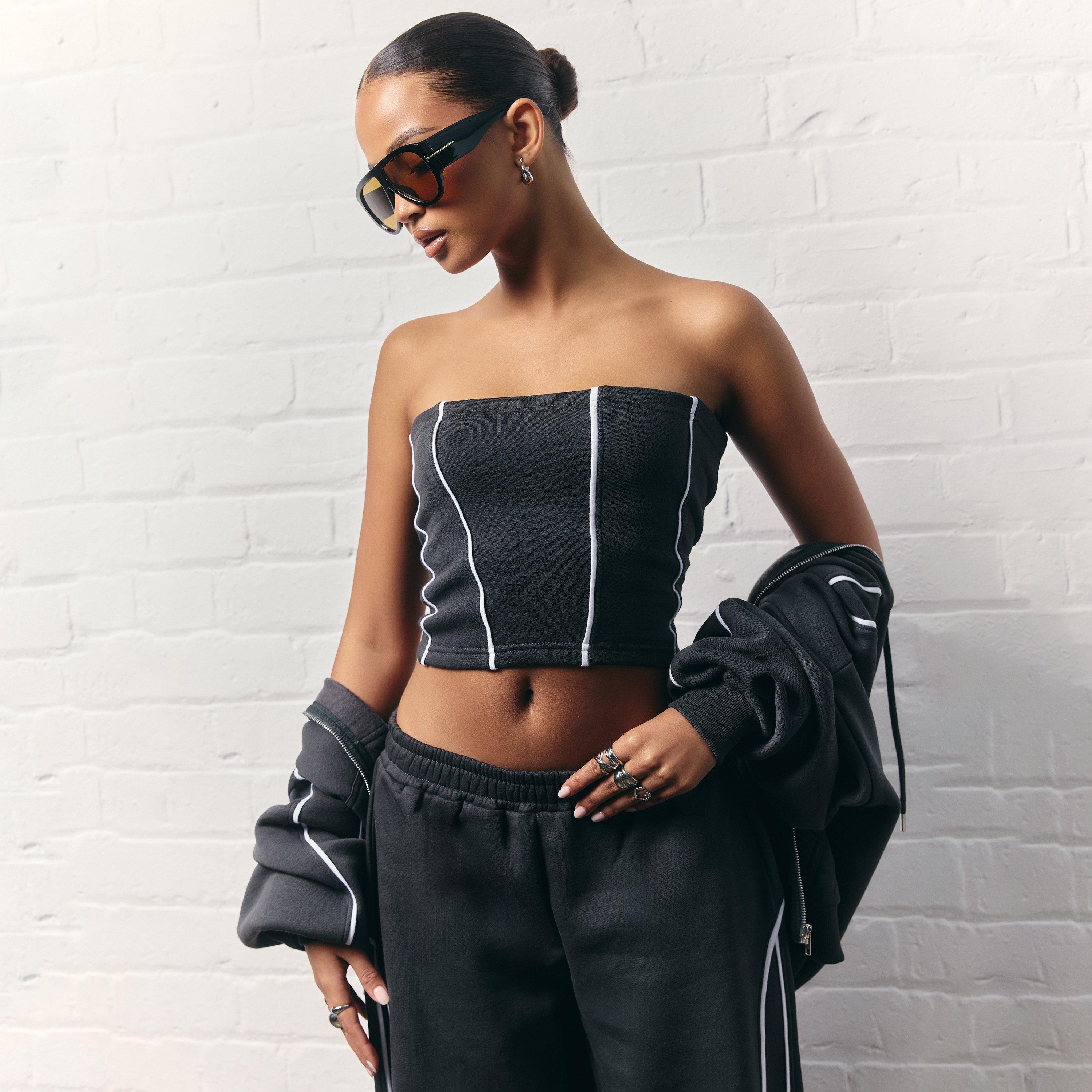 Bandeau Contrast Piping Detail Sweat Top In Dark Navy Blue, Women's Size UK 14