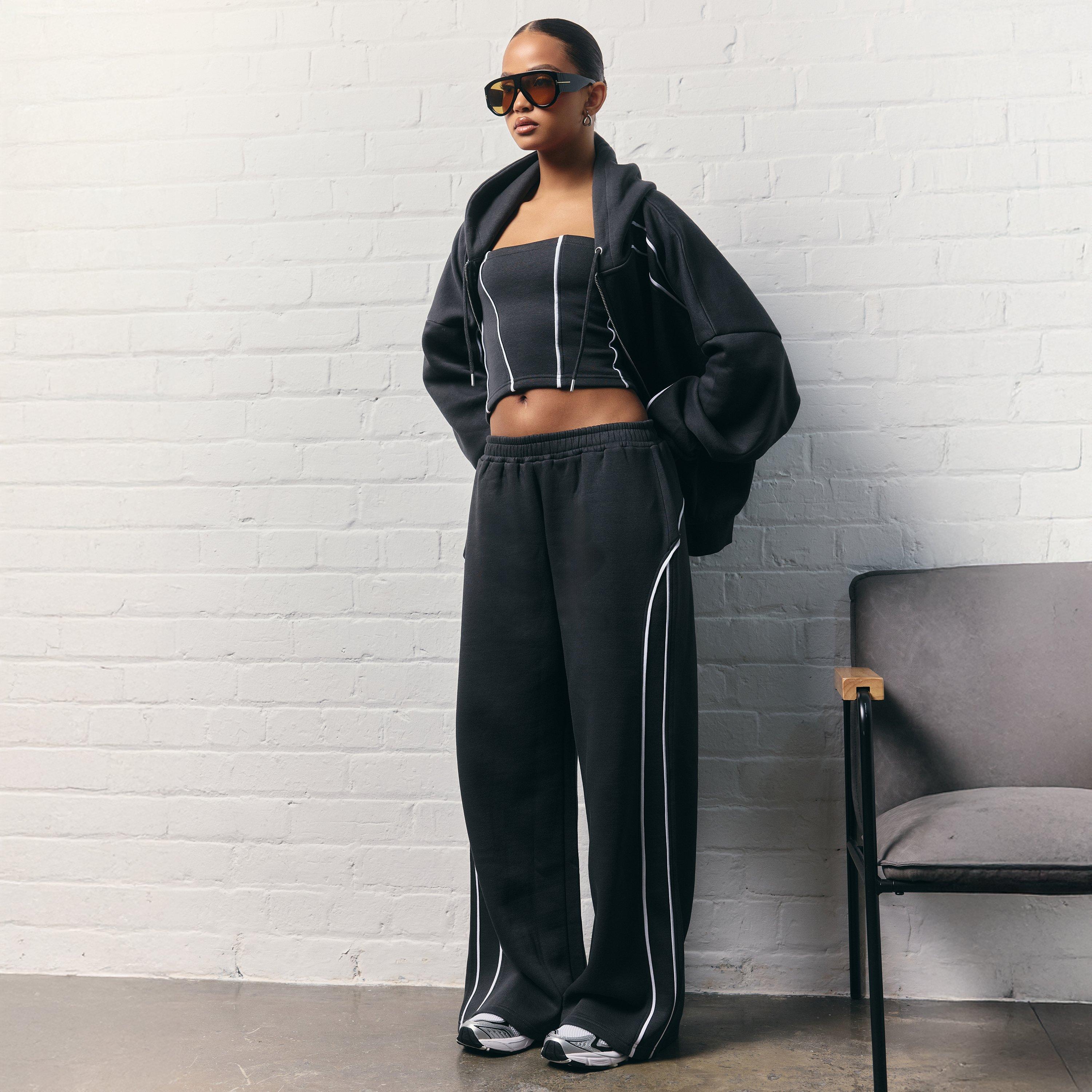 Low Rise Contrast Piping Detail Wide Leg Joggers In Dark Navy Blue, Women's Size UK 14