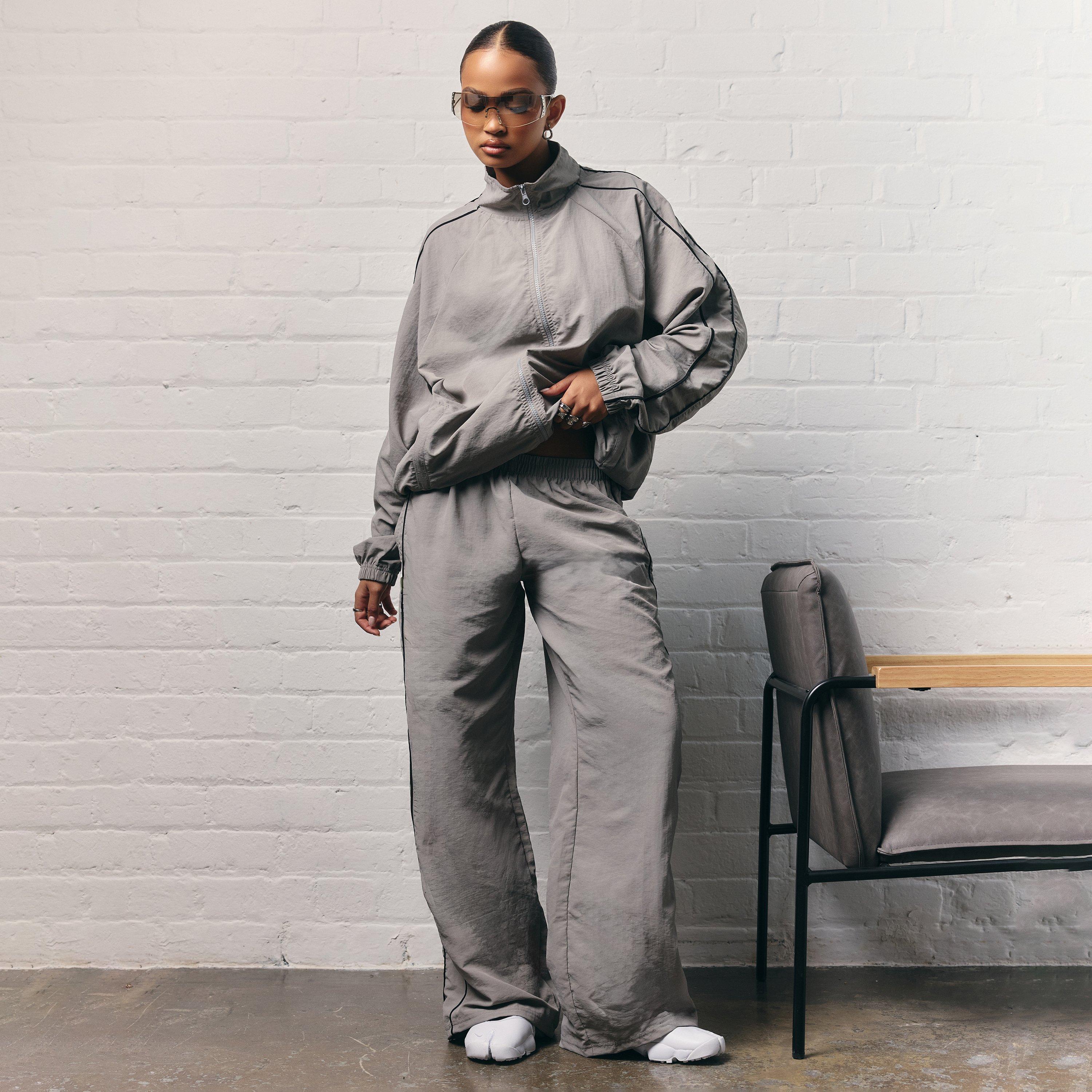 Shell Contrast Stripe Detail Wide Leg Track Pants In Grey, Women's Size UK 8