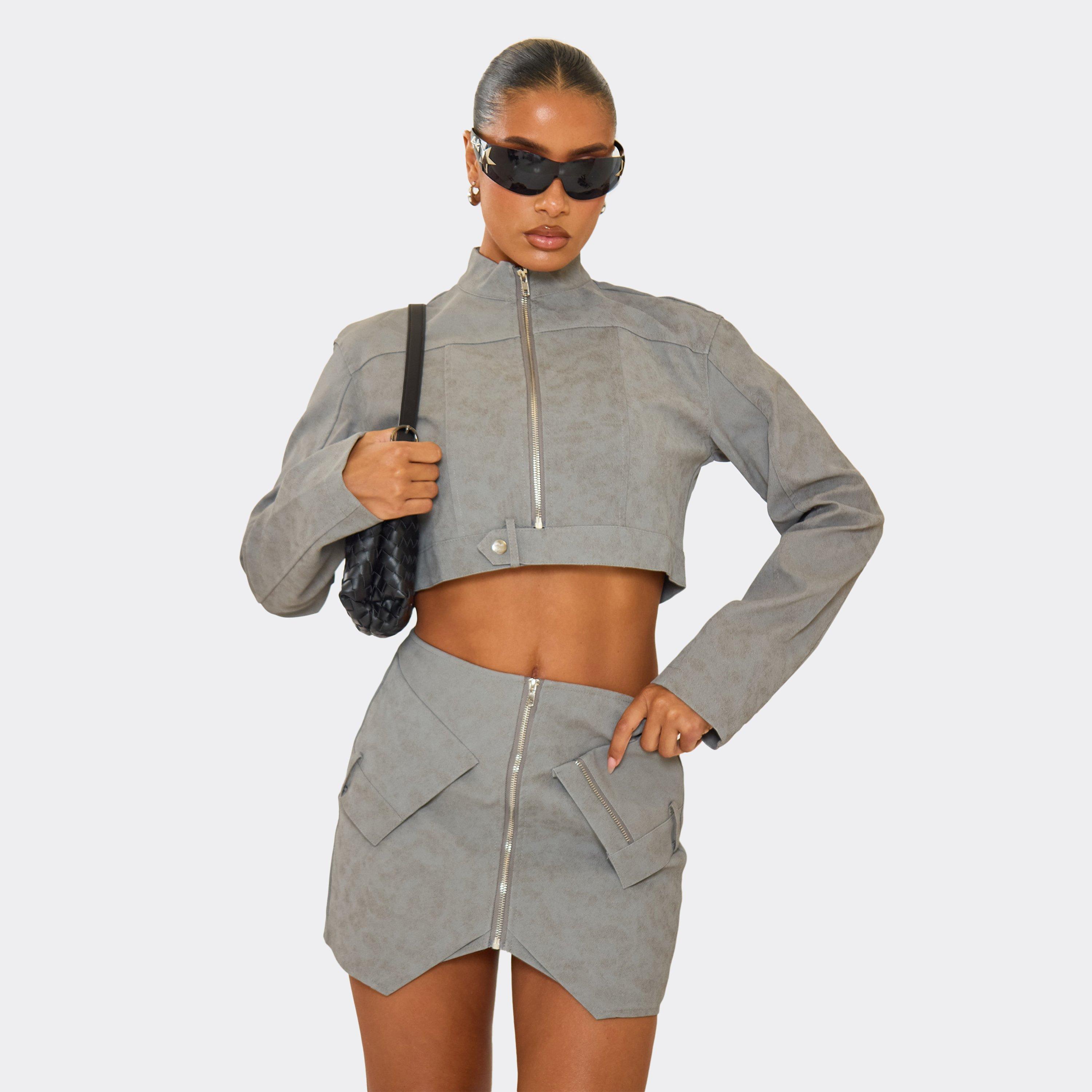 High Neck Zip Front Cropped Jacket In Acid Wash Grey, Women’s