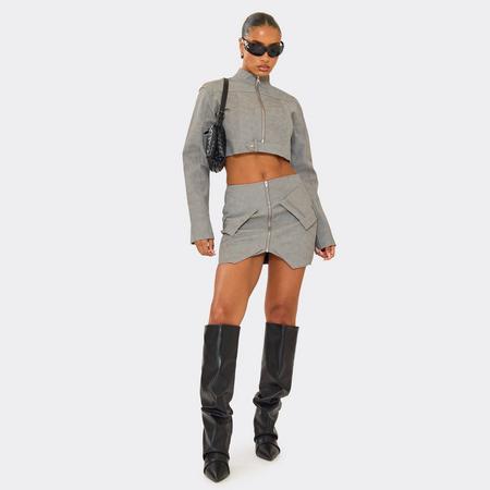High Waist Zip Front Cargo Pocket Mini Skirt In Acid Wash Grey, Women's Size US