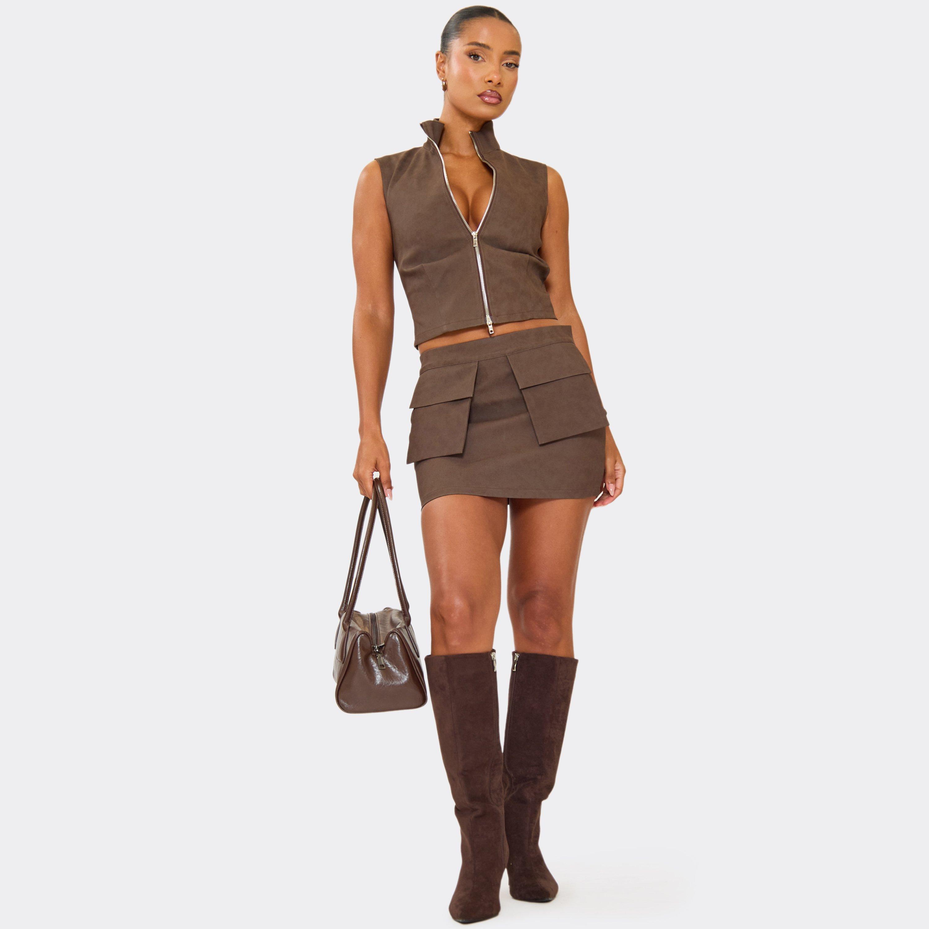 High Waist Cargo Pocket Mini Skirt In Brown Faux Leather, Women's Size UK 8