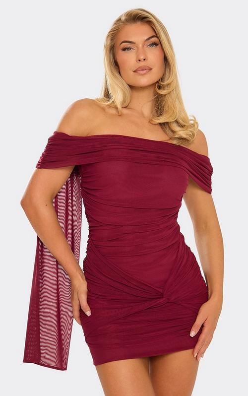 ruched knot front bodycon mini dress High Neck Short Sleeve In Burgundy Slinky | EGO AU Short sleeve