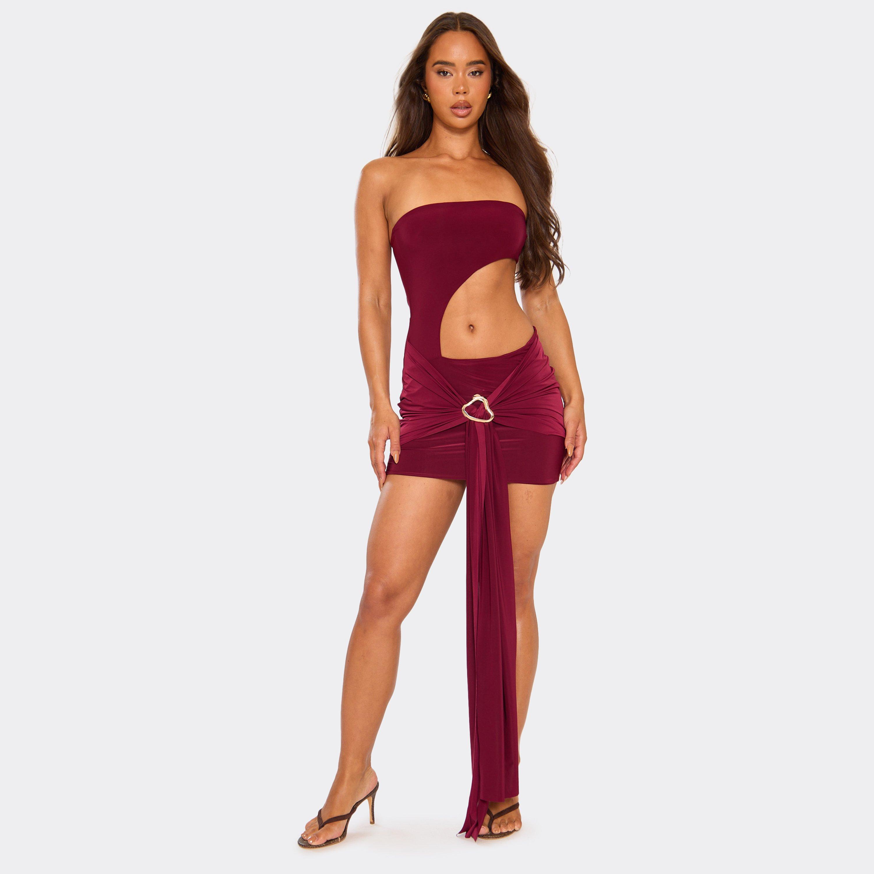 Bandeau Side Cut Out Drape Detail Mini Dress In Burgundy Red, Women’s