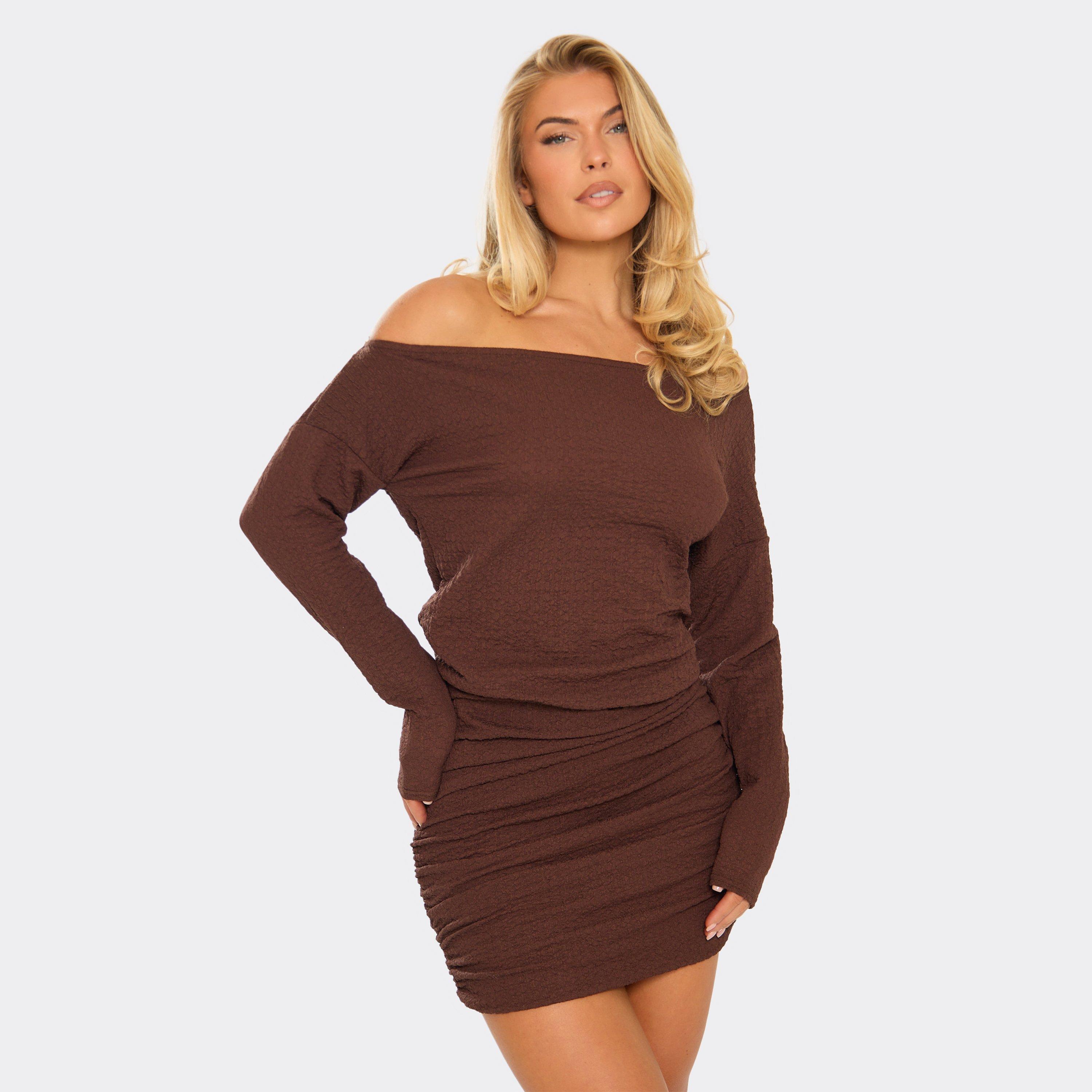 Off The Shoulder Draped Detail Mini Dress In Chocolate Brown Textured, Women's Size UK 8