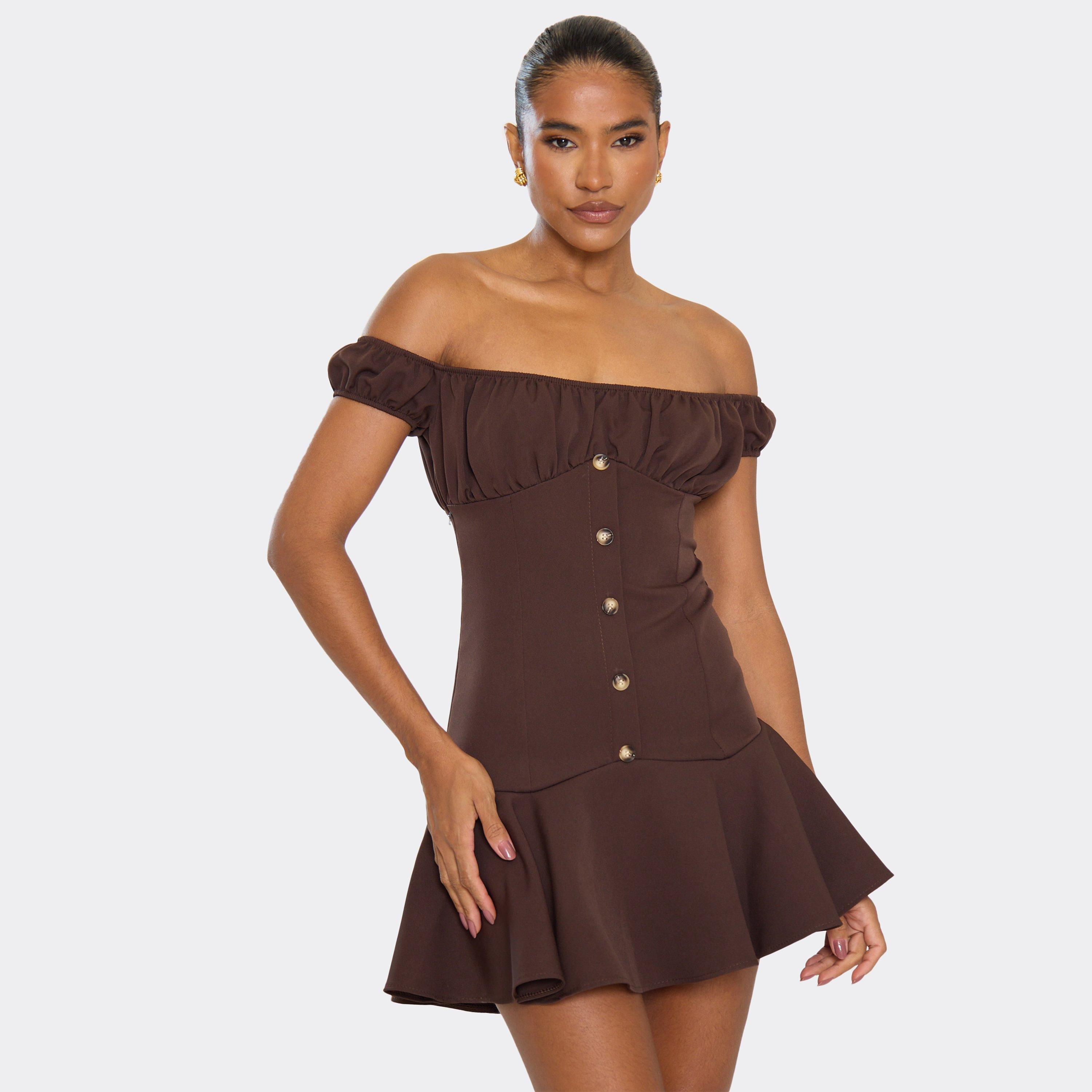 Bardot Button Detail Skater Mini Dress In Chocolate Brown, Women's Size UK 8