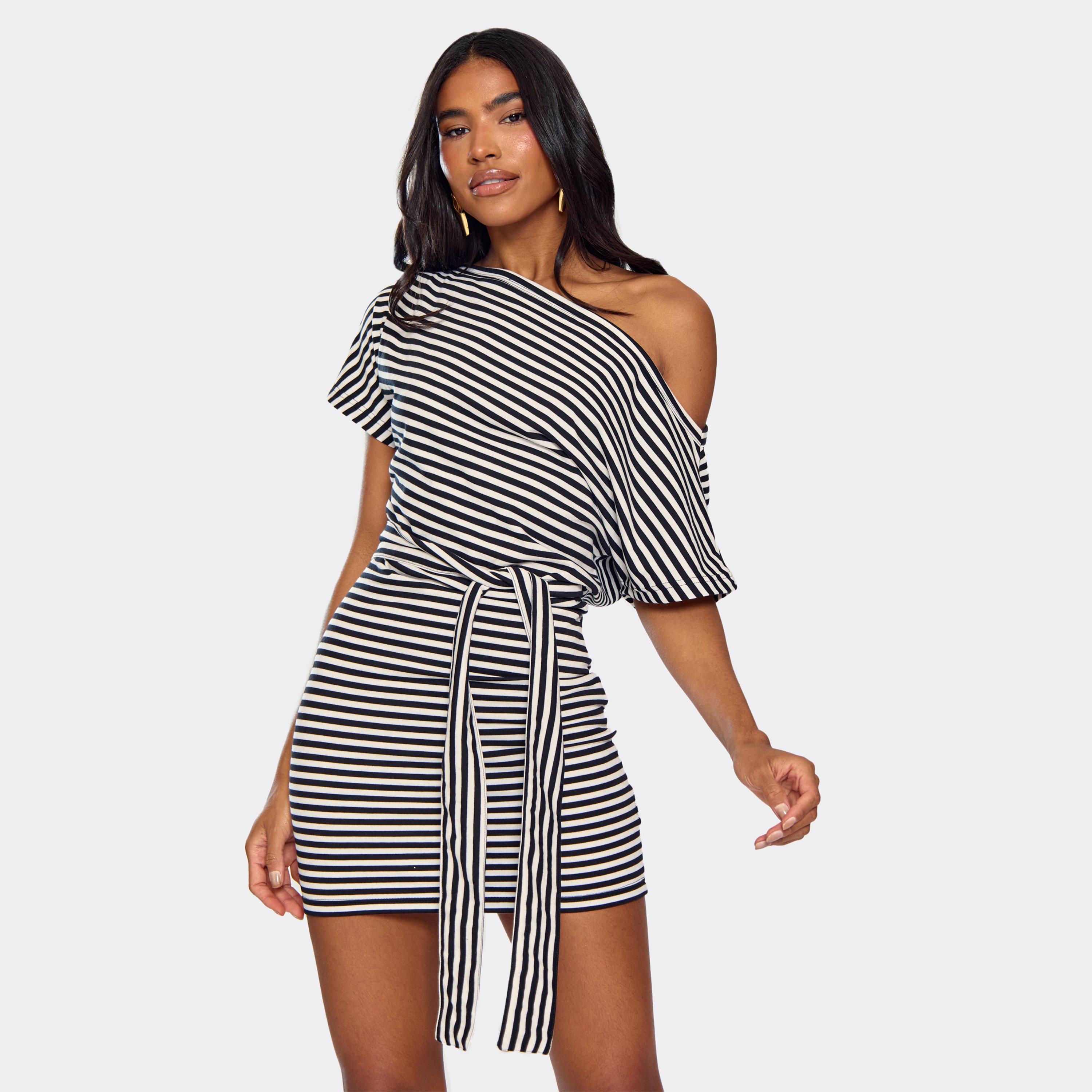 Off The Shoulder Belt Detail Mini Dress In Black Stripe, Women’s