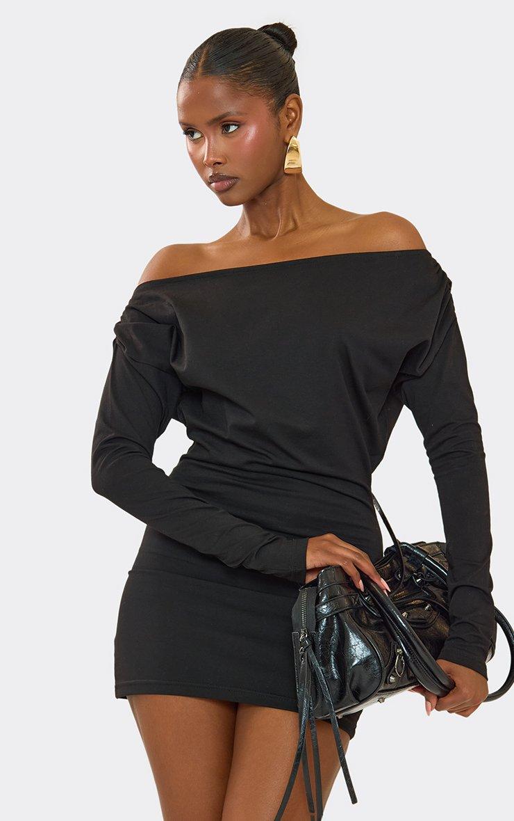 off the shoulder long sleeve mini dress In Grey | EGO US Flouncy bell cuffs add charm to this eye Bardot Hourglass Velvet Off-The-Shoulder Long