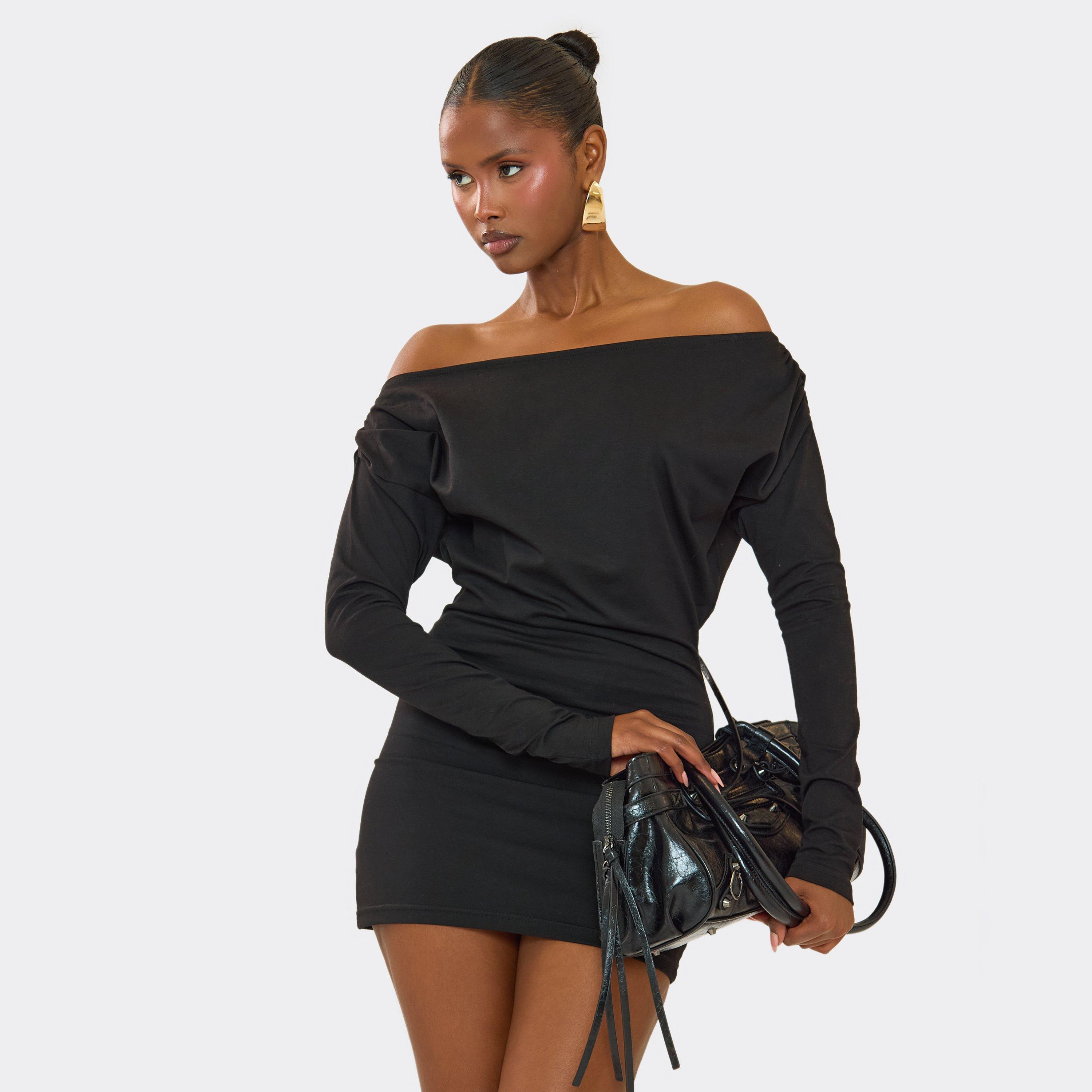 Off The Shoulder Long Sleeve Ruched Detail Bodycon Mini Dress In Black, Women's Size UK 8