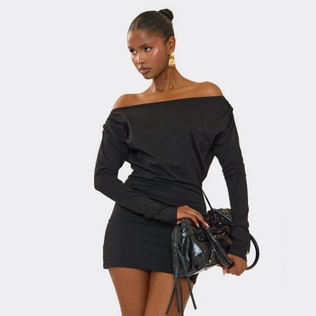 Off The Shoulder Long Sleeve Ruched Detail Bodycon Mini Dress In Black, Women's Size US