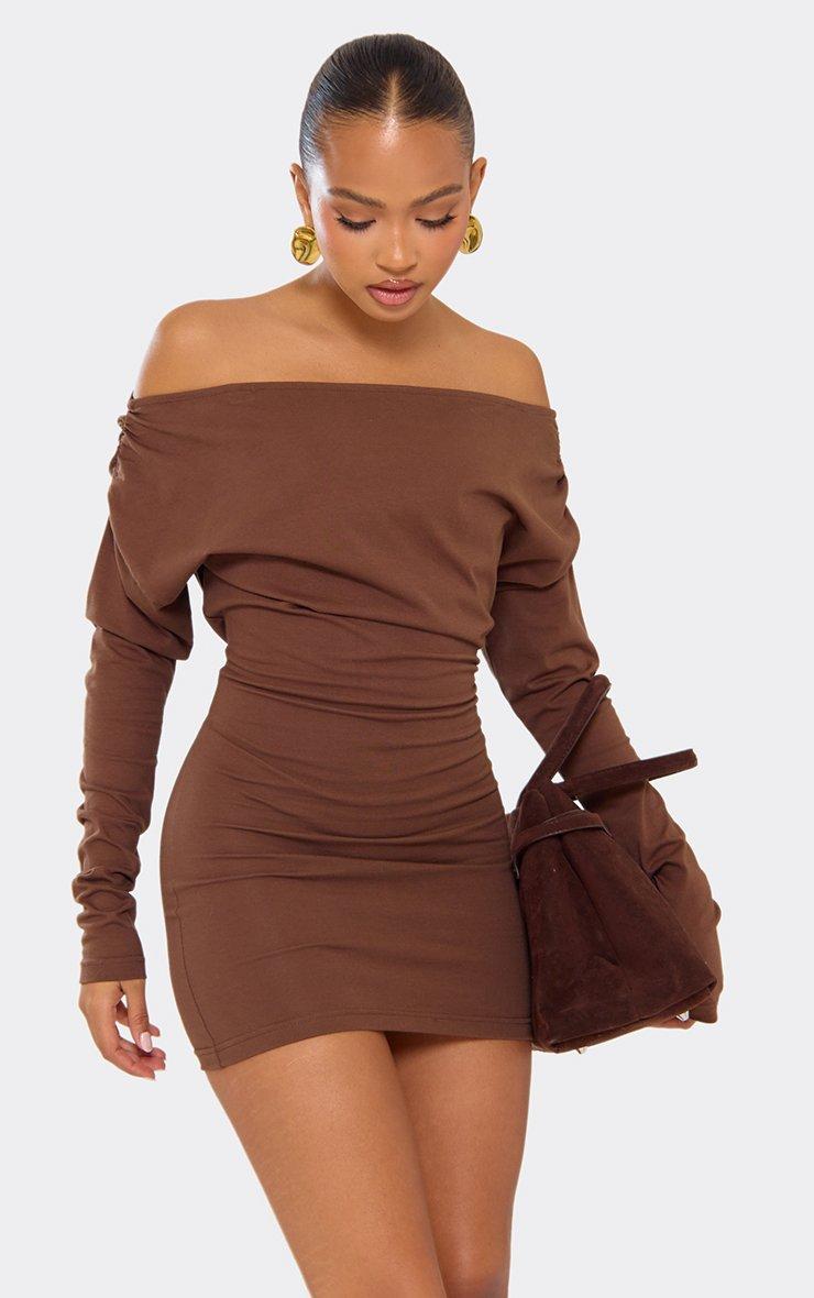 mini brown dress with sleeves Long Sleeve High Neck Tailored Bodycon In Woven | EGO US Trendy Brown Wrap Mini Dress