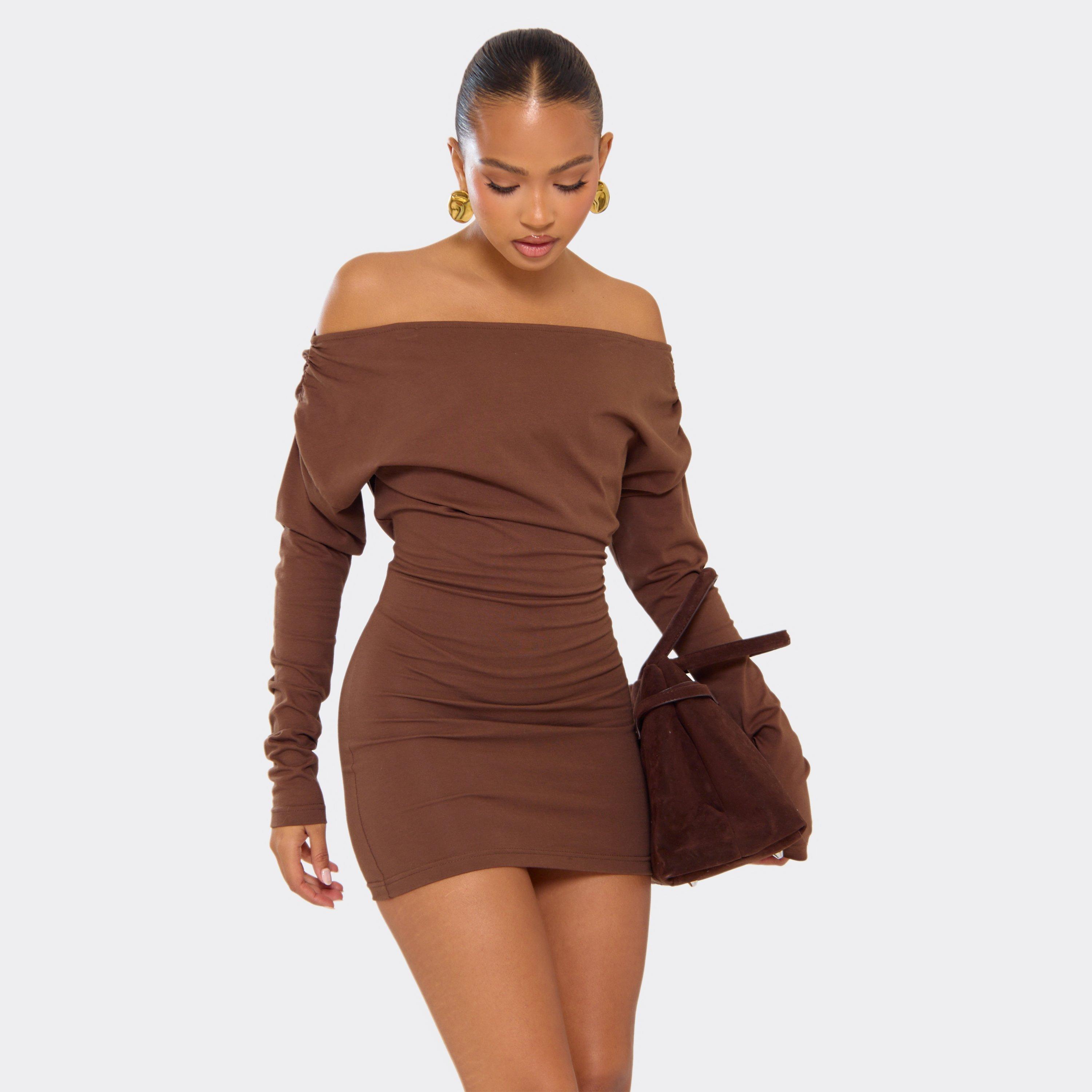 Off The Shoulder Long Sleeve Ruched Detail Bodycon Mini Dress In Chocolate Brown, Women's Size UK 14