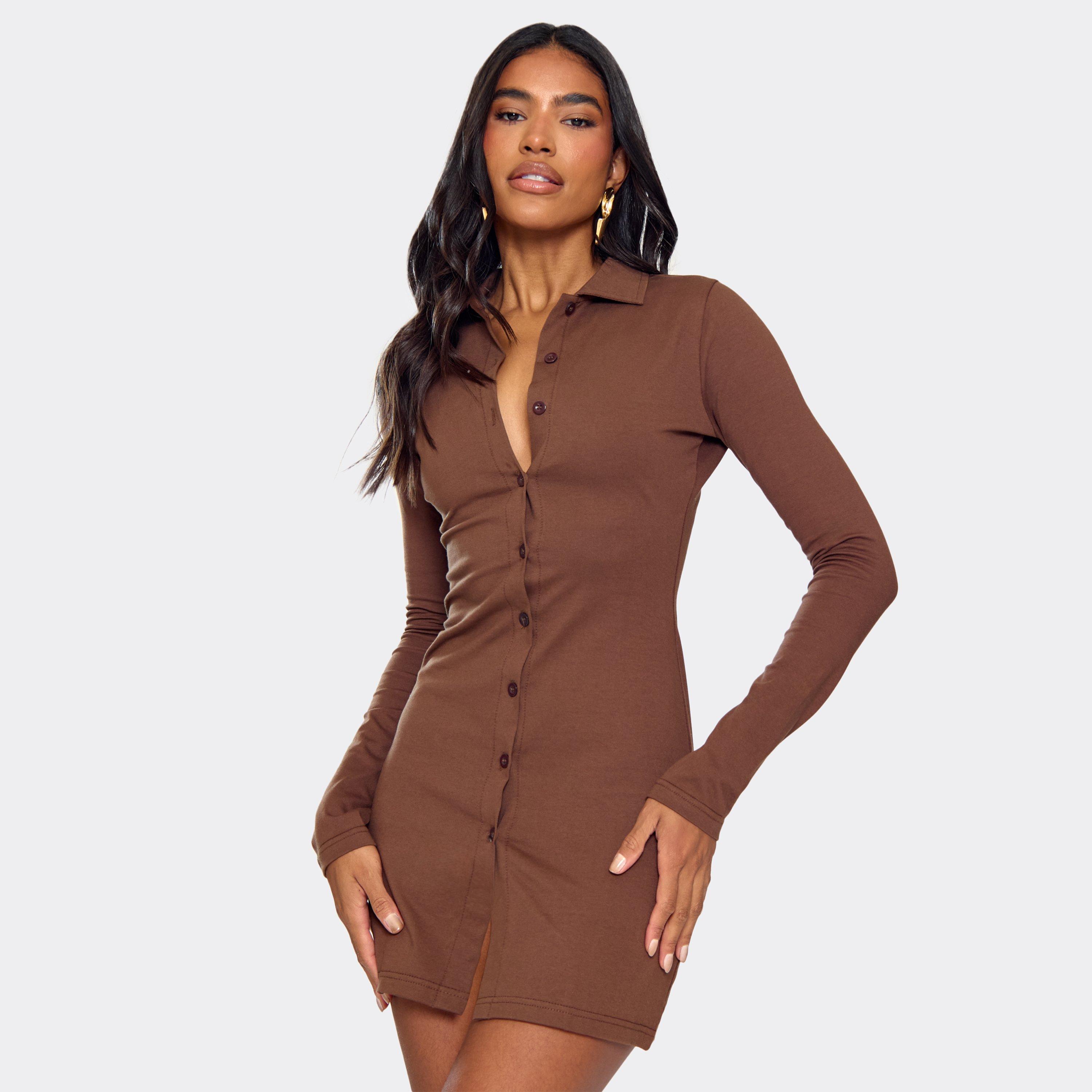 Long Sleeve Button Front Collared Detail Shirt Dress In Chocolate Brown, Women’s