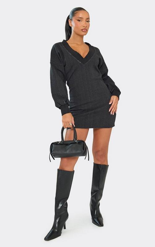 Long Sleeve Open Back Mini Dress In Charcoal Grey Fluffy Knit