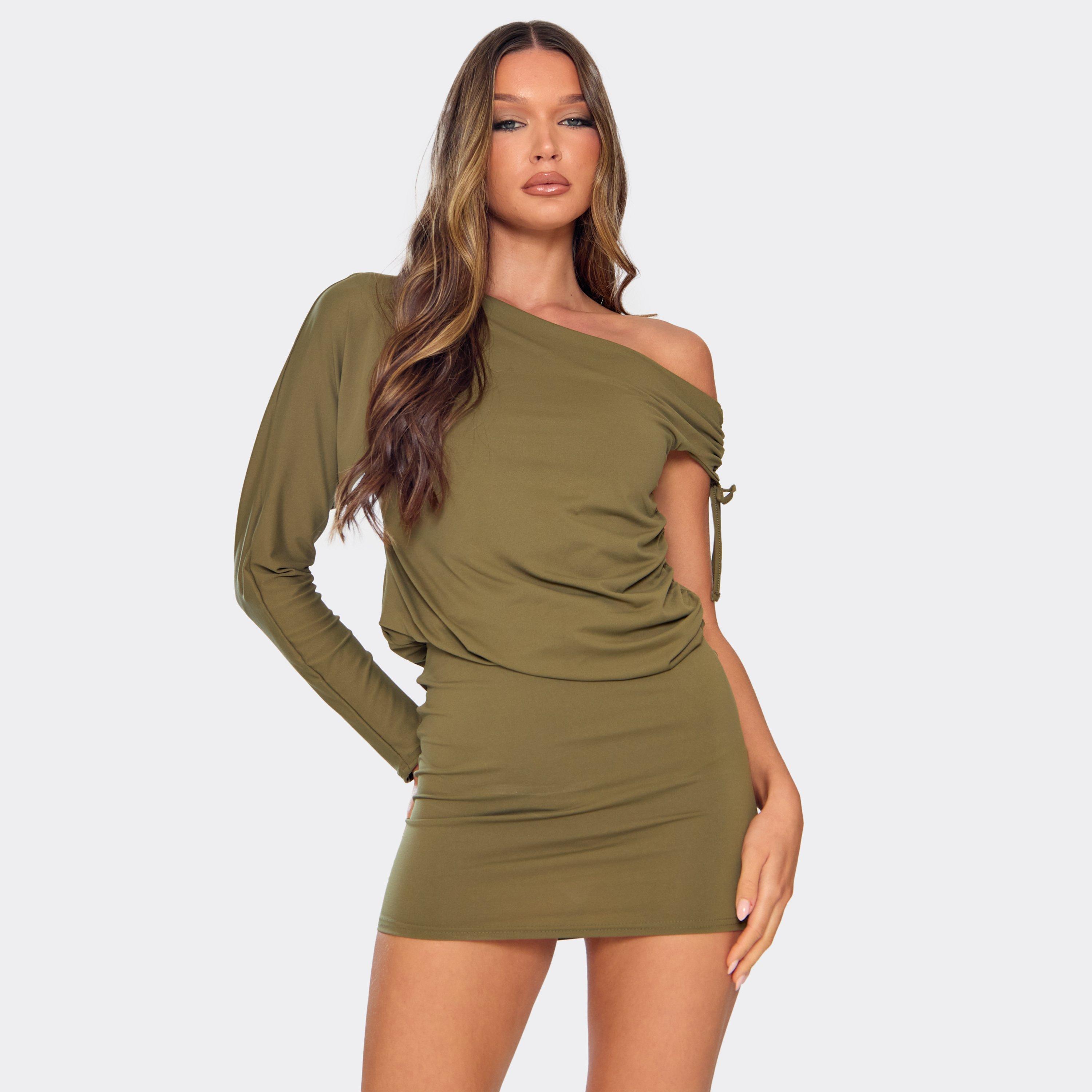 One Sleeve Asymmetric Drape Detail Mini Dress In Green, Women’s