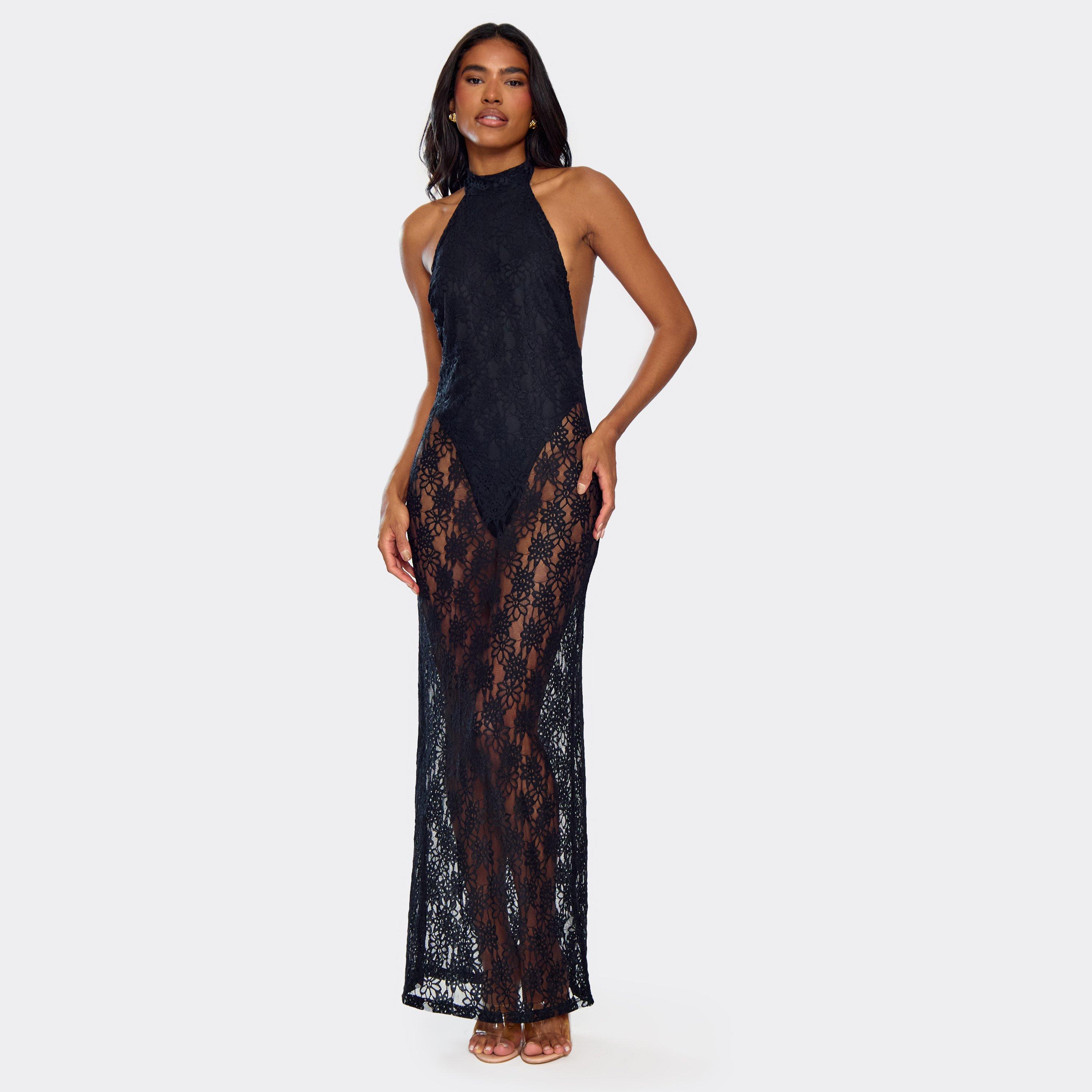 Halterneck Bodysuit Lining Scooped Back Detail Maxi Dress In Black Floral Lace, Women's Size UK 10