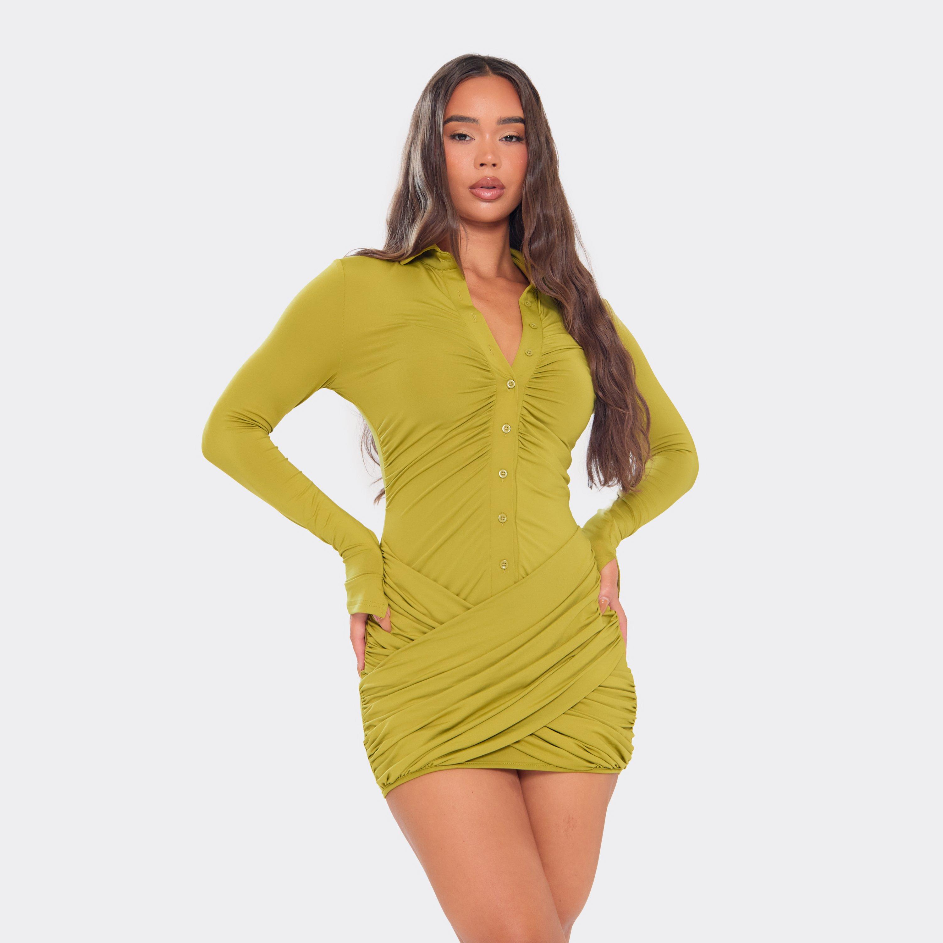 Long Sleeve Collared Button Front Crossover Wrap Panel Mini Dress In Green, Women’s