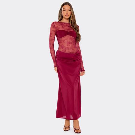 Long Sleeve Contrast Lace Twist Bust Detail Maxi Dress In Burgundy, Women's Size US