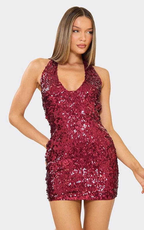 red mini dress glitter Cowl Halterneck Tassel Trim In Sequin | EGO US satin