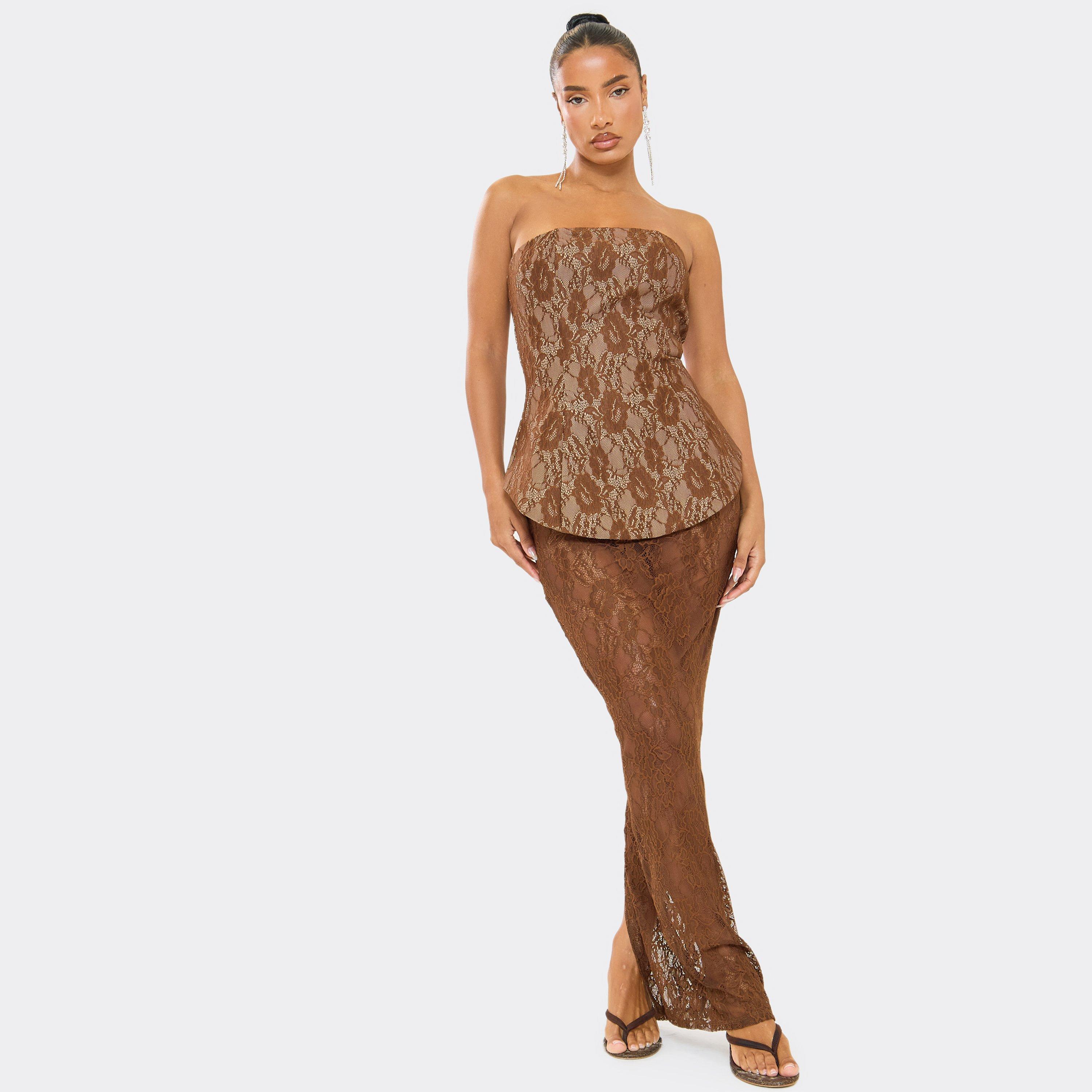 Bandeau Peplum Contrast Lace Maxi Dress In Brown Lace, Women’s