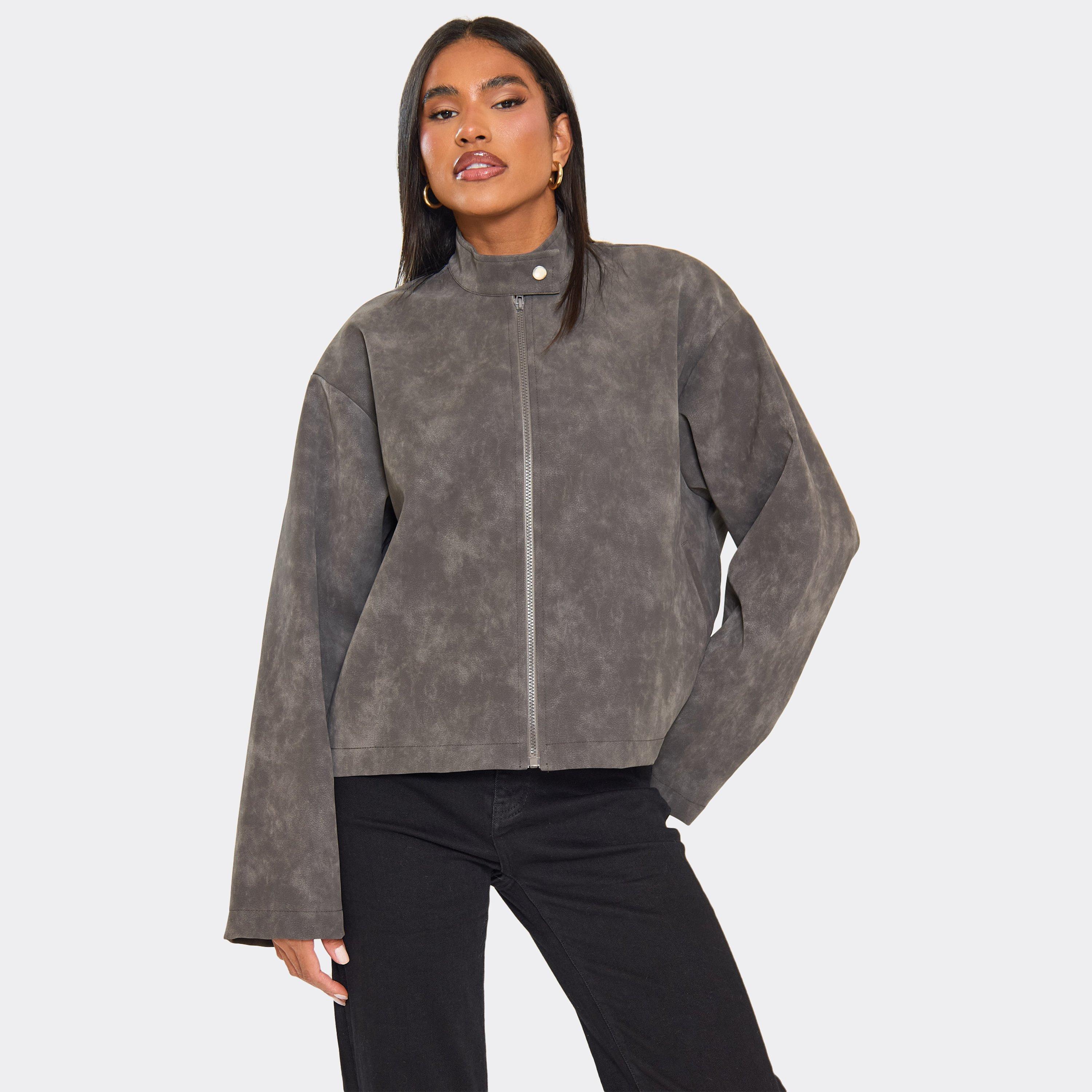 High Neck Boxy Washed Jacket In Grey Faux Leather, Women’s