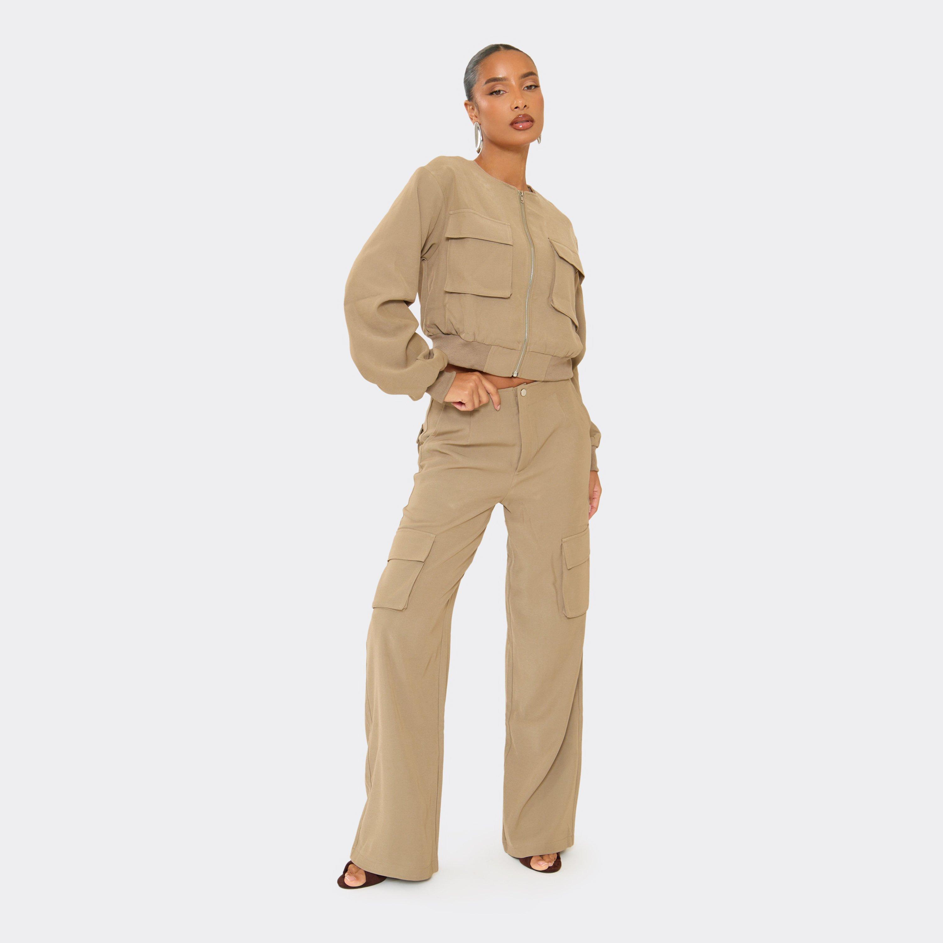 Image of Mid Rise Pocket Detail Wide Leg Trousers In Taupe, Women's