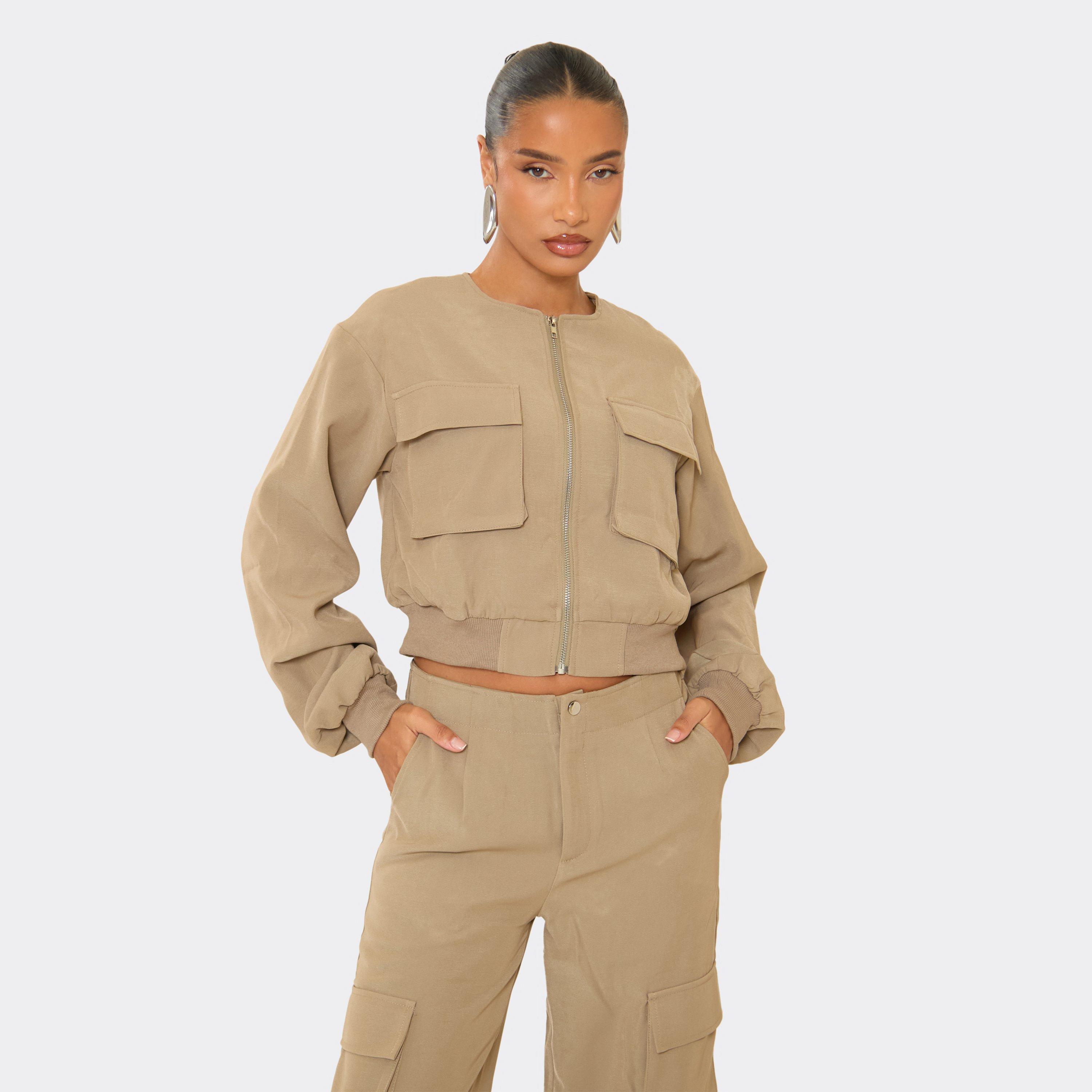 Pocket Detail Zip Up Jacket In Taupe, Women's Size UK 8