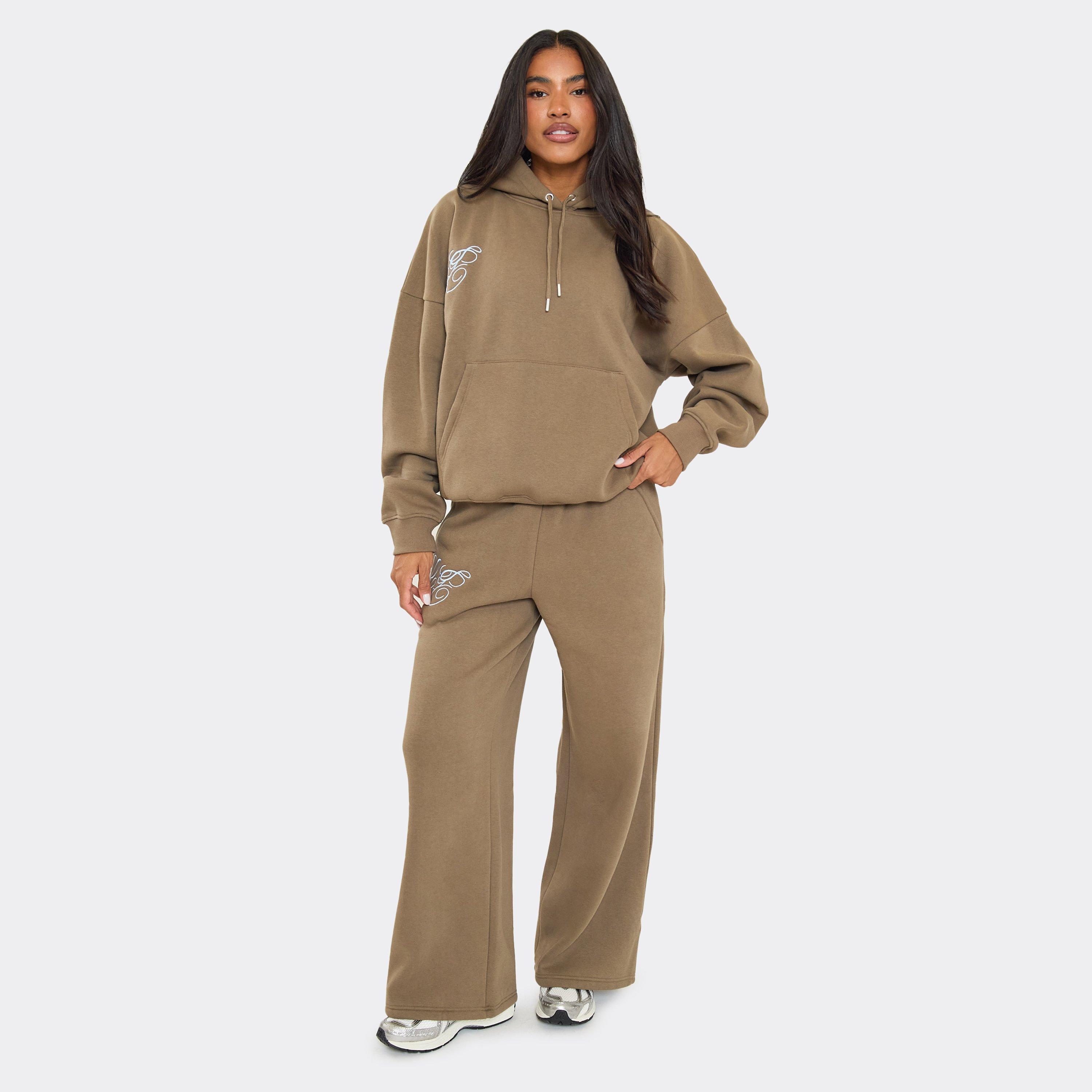 Mid Rise Graphic Detail Wide Leg Joggers In Olive Green, Women's Size UK 10