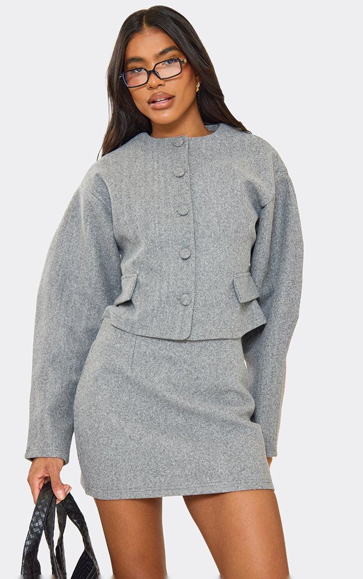 Tailored Button Up Jacket And Mini Skirt Co-Ord Set In Grey Wool